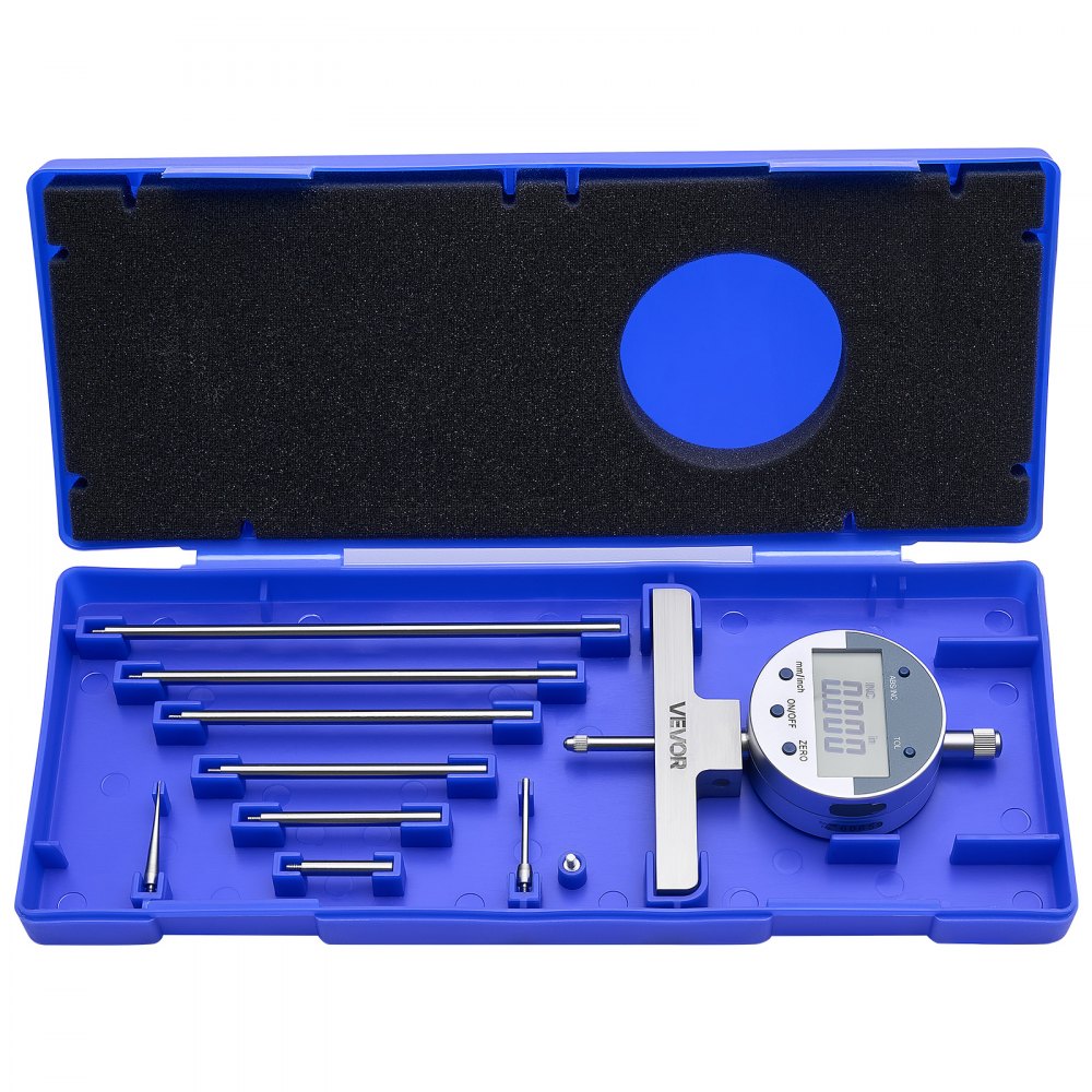 VEVOR Medidor de Profundidad de Alta Precisión, Rango de Medición de 0 a 558,8 mm, Resolución de 0,01 mm, Kit de Indicador Digital con 6 Varillas 4 Yunques, Herramienta para Ranuras Escalones Agujeros