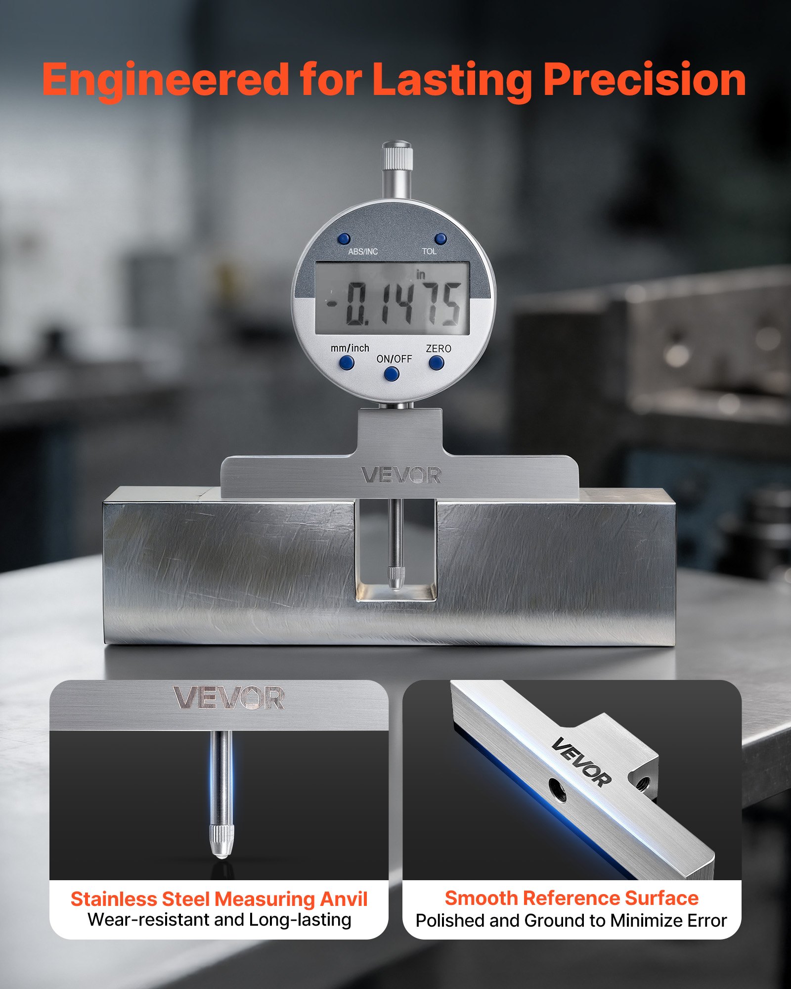 VEVOR Medidor de Profundidad de Alta Precisión, Rango de Medición de 0 a 558,8 mm, Resolución de 0,01 mm, Kit de Indicador Digital con 6 Varillas 4 Yunques, Herramienta para Ranuras Escalones Agujeros