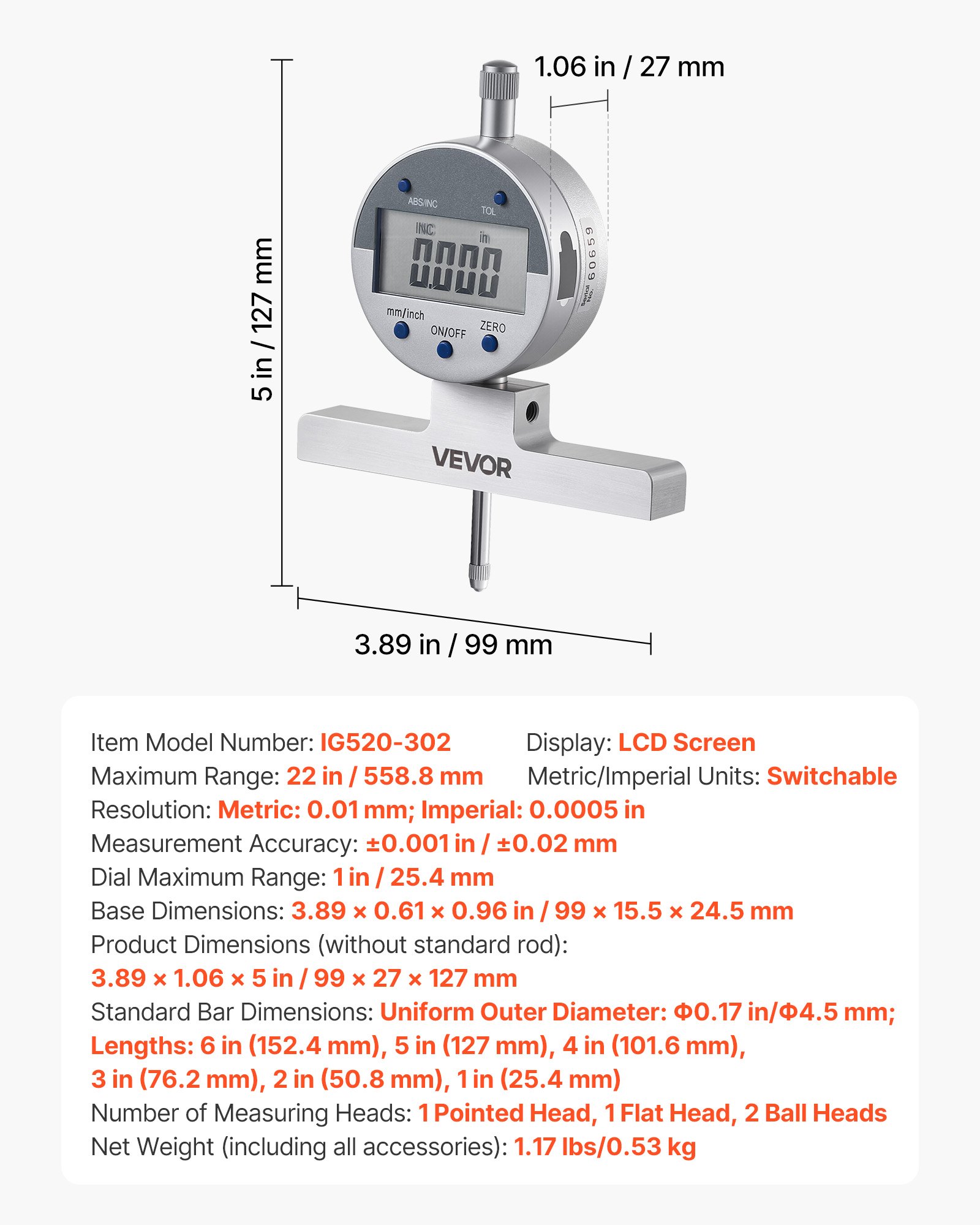 VEVOR Medidor de Profundidad de Alta Precisión, Rango de Medición de 0 a 558,8 mm, Resolución de 0,01 mm, Kit de Indicador Digital con 6 Varillas 4 Yunques, Herramienta para Ranuras Escalones Agujeros