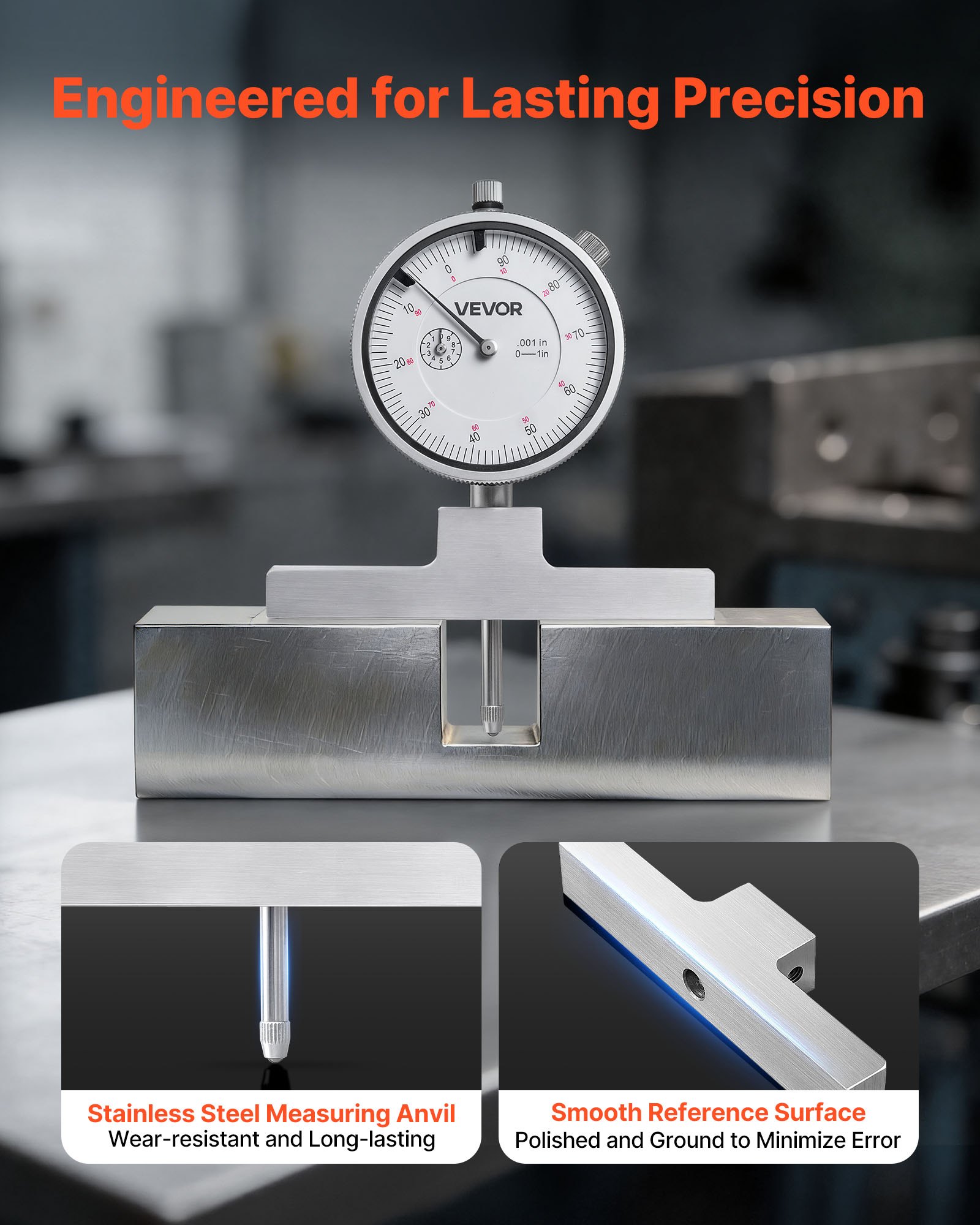 VEVOR Medidor de Profundidad de Alta Precisión, Resolución de 0,02 mm, Rango de Medición de 0 a 558,8 mm, Kit de Micrómetro con 6 Varillas y 4 Yunques, Herramienta de Medición para Agujeros Escalones