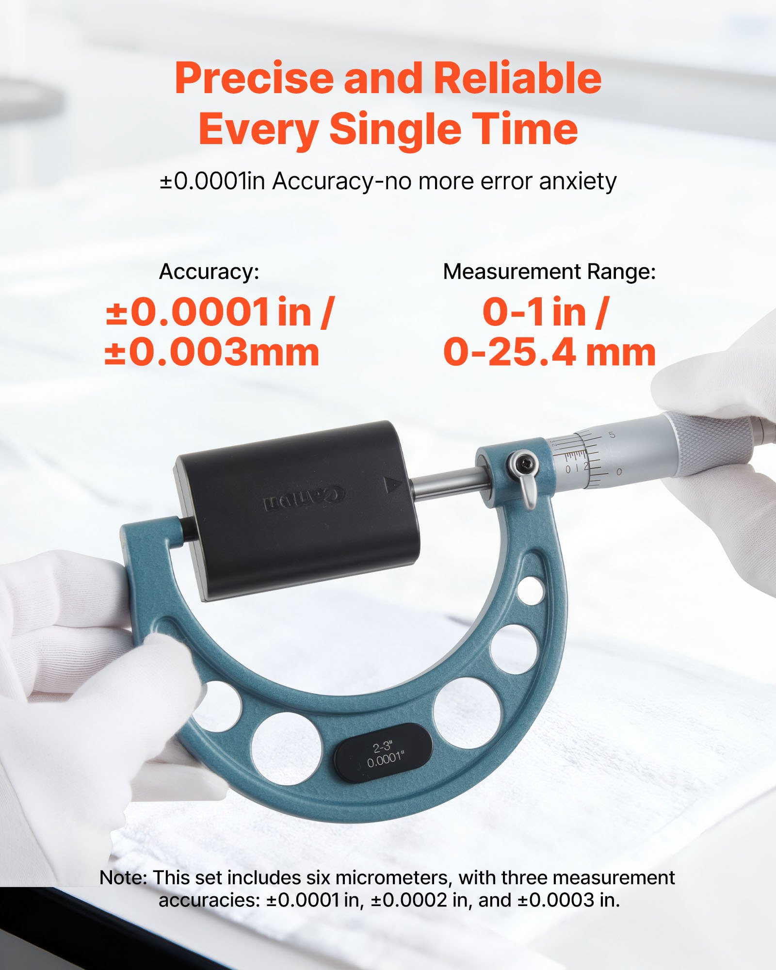 VEVOR Juego de 6 Micrómetros para Maquinista 0-15,24 cm, Precisión de 0,003 mm, Diseño Mecánico, Herramientas Profesionales con Estuche Protector, para Metalurgia e Ingeniería, 270 x 140 x 22 mm