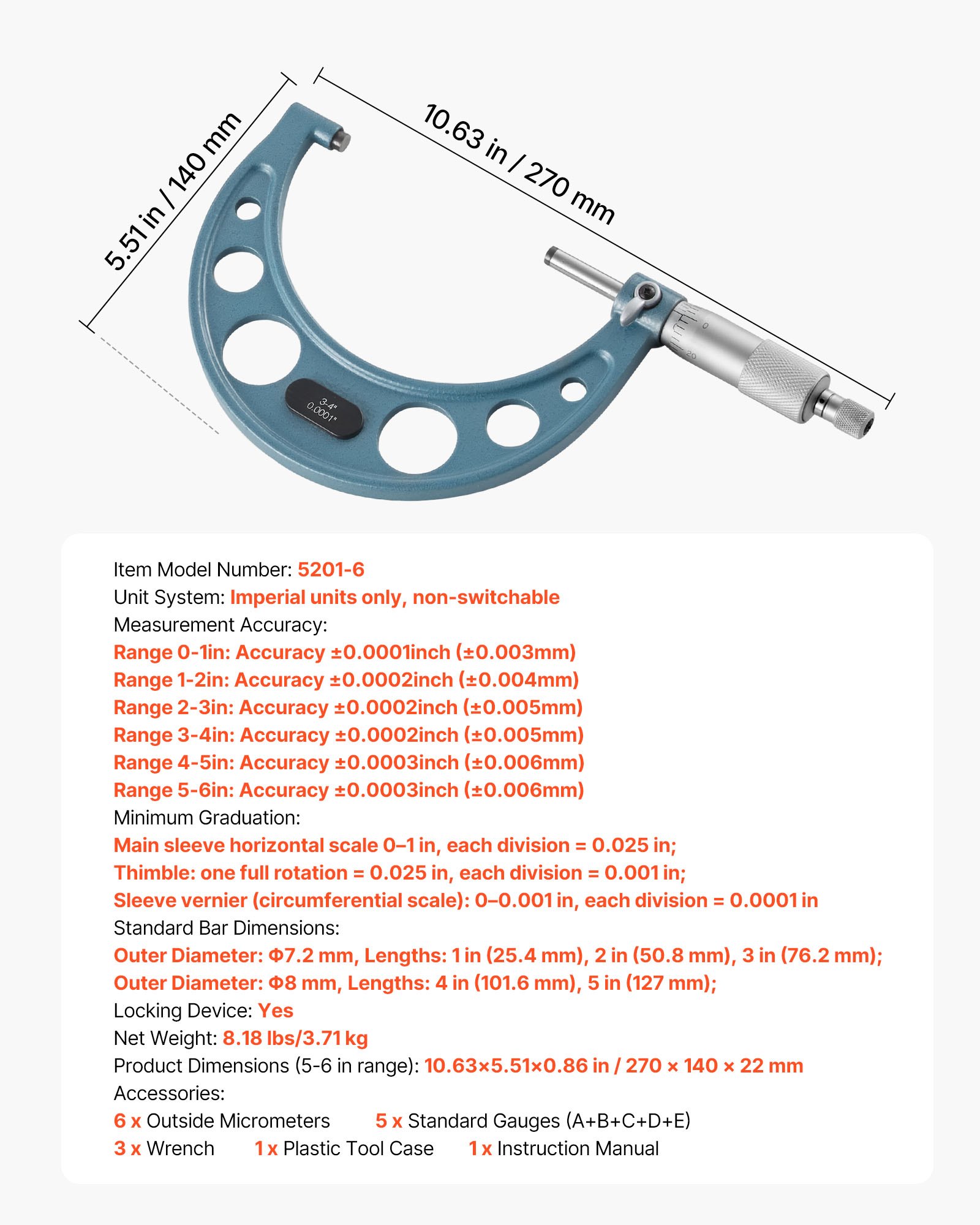 VEVOR Juego de 6 Micrómetros para Maquinista 0-15,24 cm, Precisión de 0,003 mm, Diseño Mecánico, Herramientas Profesionales con Estuche Protector, para Metalurgia e Ingeniería, 270 x 140 x 22 mm
