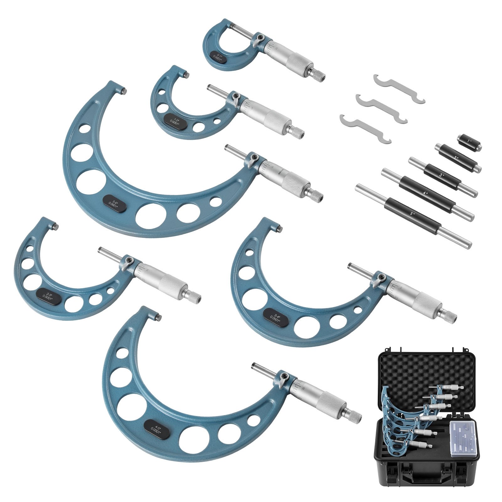 VEVOR Juego de 6 Micrómetros para Maquinista 0-15,24 cm, Precisión de 0,003 mm, Diseño Mecánico, Herramientas Profesionales con Estuche Protector, para Metalurgia e Ingeniería, 270 x 140 x 22 mm