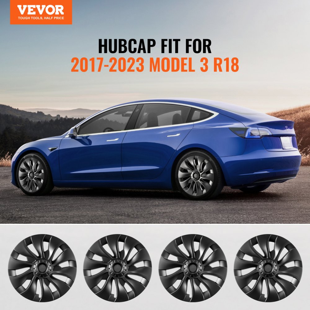 VEVOR Wheel Covers Hub Caps Rim Covers Model 3 2017-2023 for 18 inch Wheels, Wheel Cover with Snap Fastener & Protective Strip & Valve Hole, ABS and PC Wheel Cover with High Rigidity Weatherproof