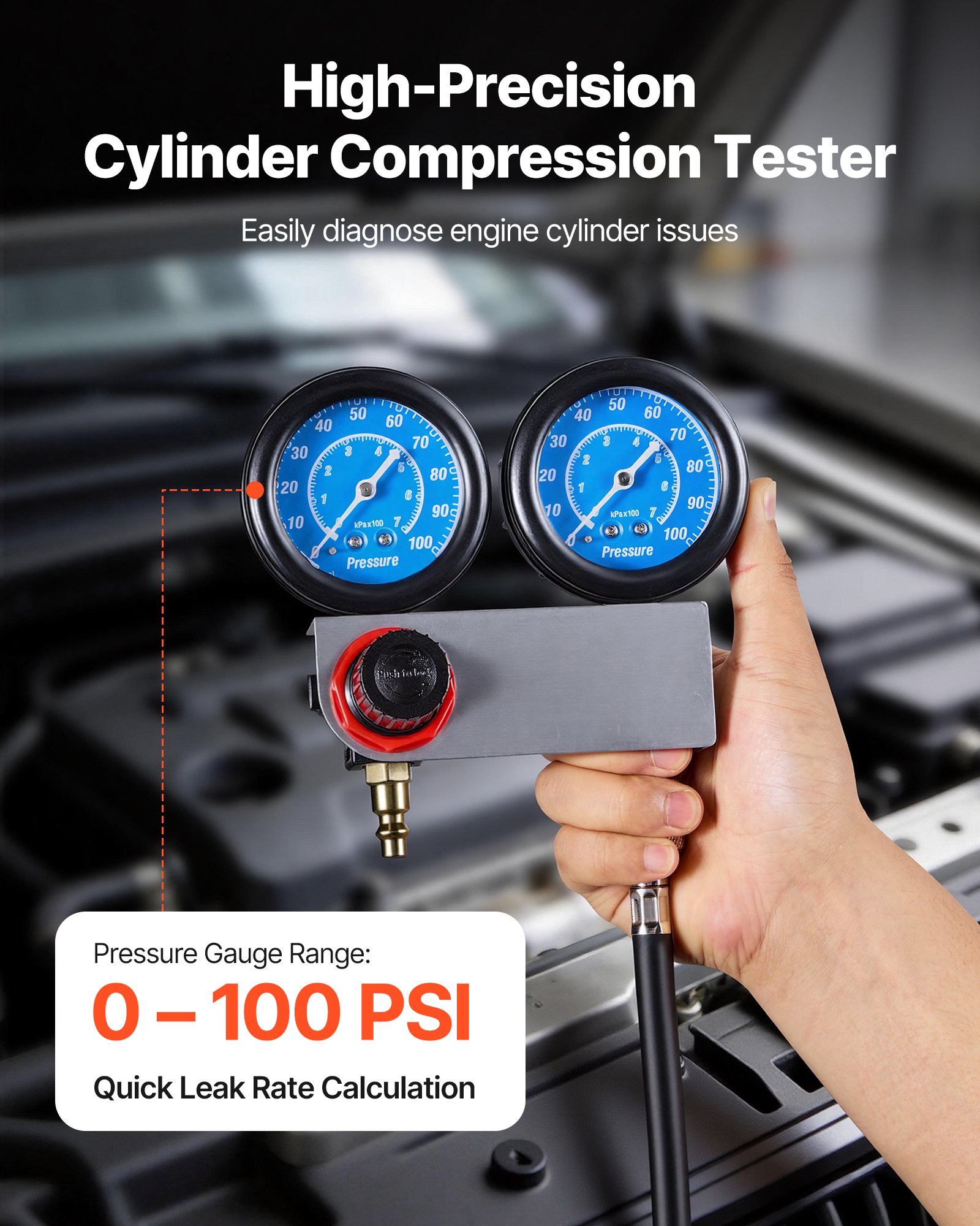 VEVOR Kit de Comprobador de Fugas de Cilindros Rango de Manómetro de 0-100 PSI, Probador de Compresión de Cilindros con 4 Adaptadores y Conexiones de Aire, Prueba de Presión y Tasa de Fugas en Autos