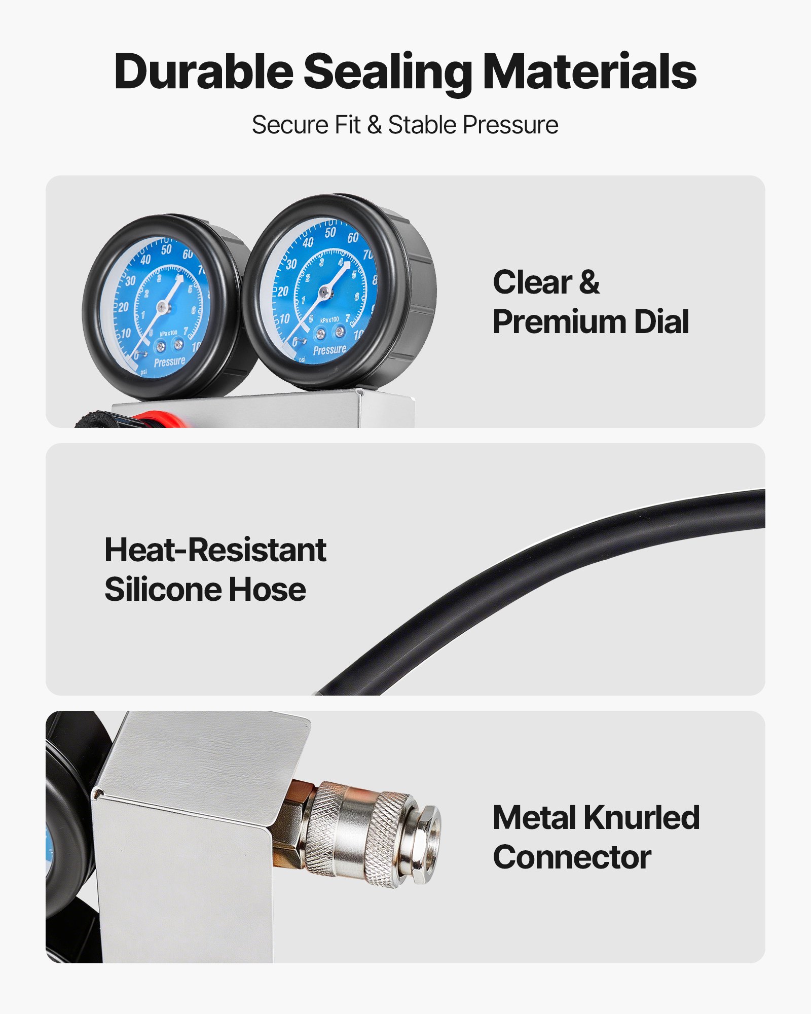 VEVOR Kit de Comprobador de Fugas de Cilindros Rango de Manómetro de 0-100 PSI, Probador de Compresión de Cilindros con 4 Adaptadores y Conexiones de Aire, Prueba de Presión y Tasa de Fugas en Autos
