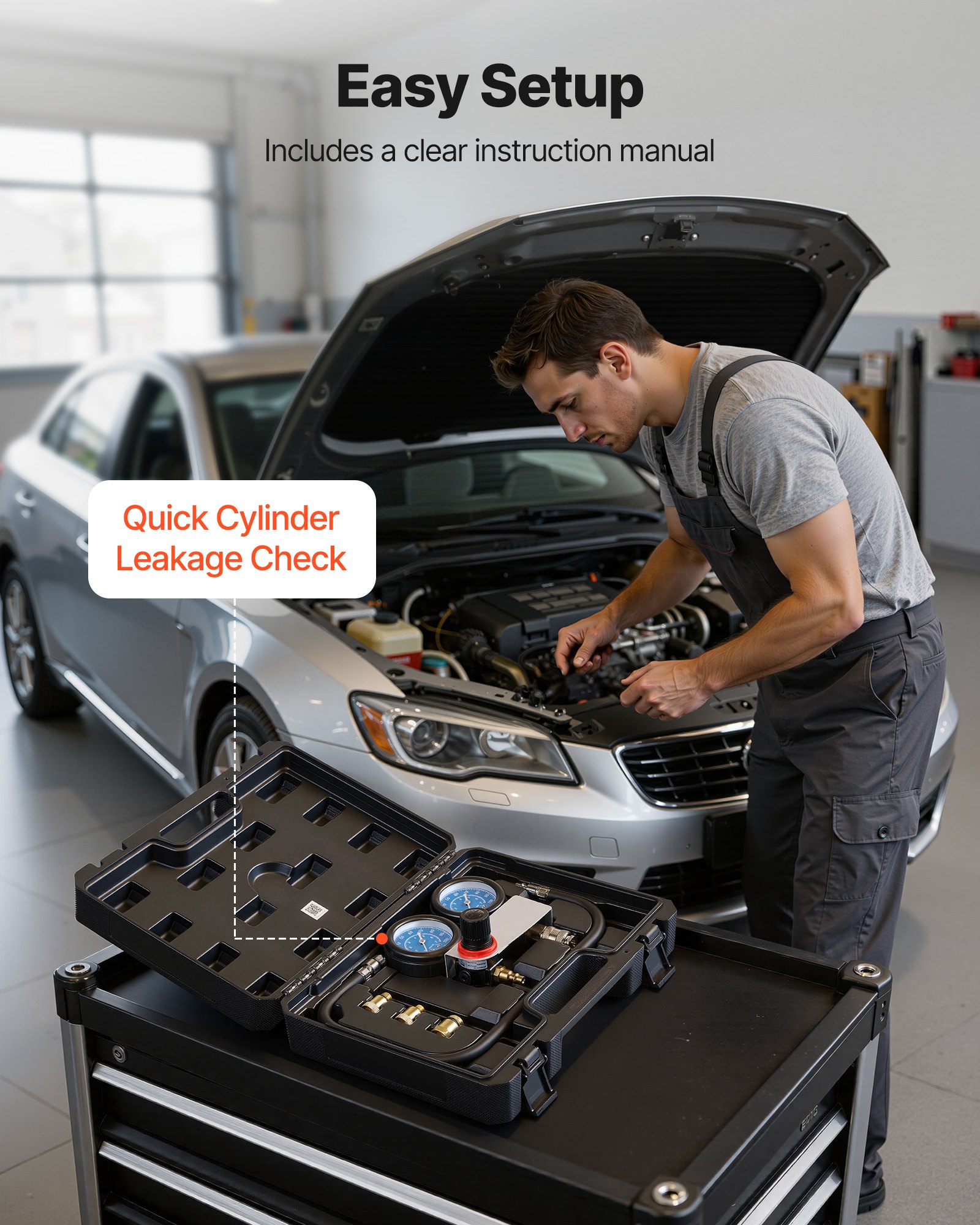 VEVOR Kit de Comprobador de Fugas de Cilindros Rango de Manómetro de 0-100 PSI, Probador de Compresión de Cilindros con 4 Adaptadores y Conexiones de Aire, Prueba de Presión y Tasa de Fugas en Autos