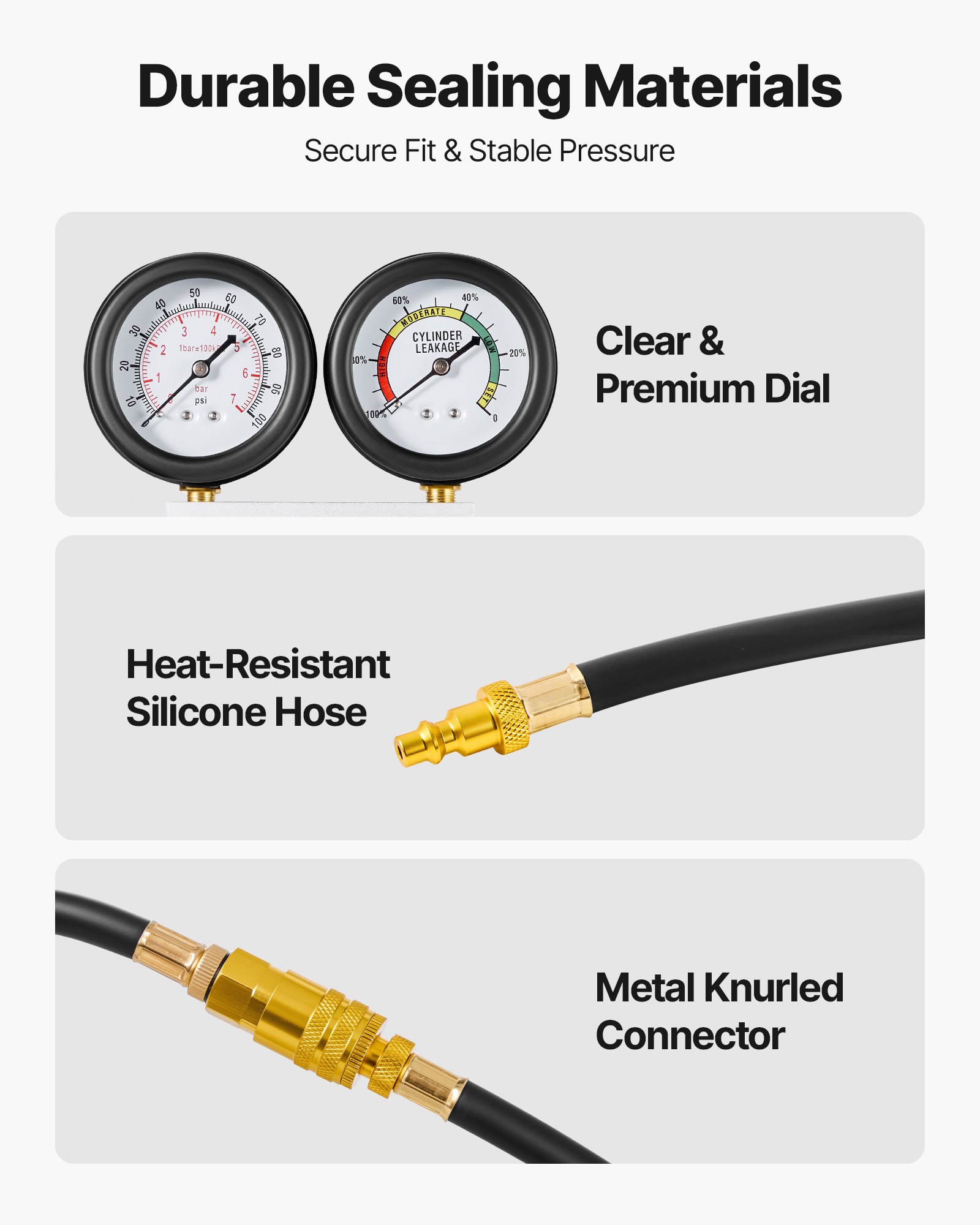VEVOR Kit de Comprobador de Fugas de Cilindros, Rango de Manómetro de 0-100 PSI, Probador de Compresión de Cilindros con 4 Adaptadores, 2 Tubos Metálicos, Prueba de Presión y Tasa de Fugas en Autos