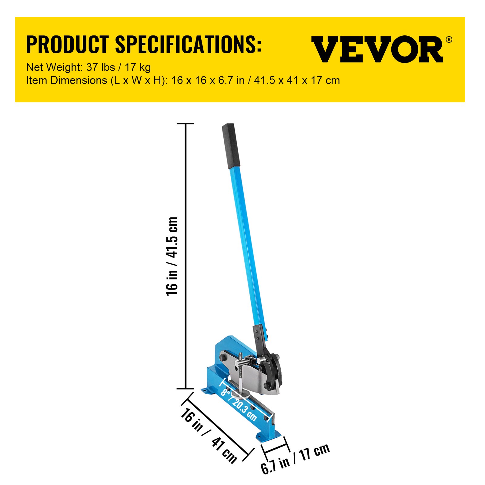 Especificaciones de la cizalla manual VEVOR con dimensiones y peso.
