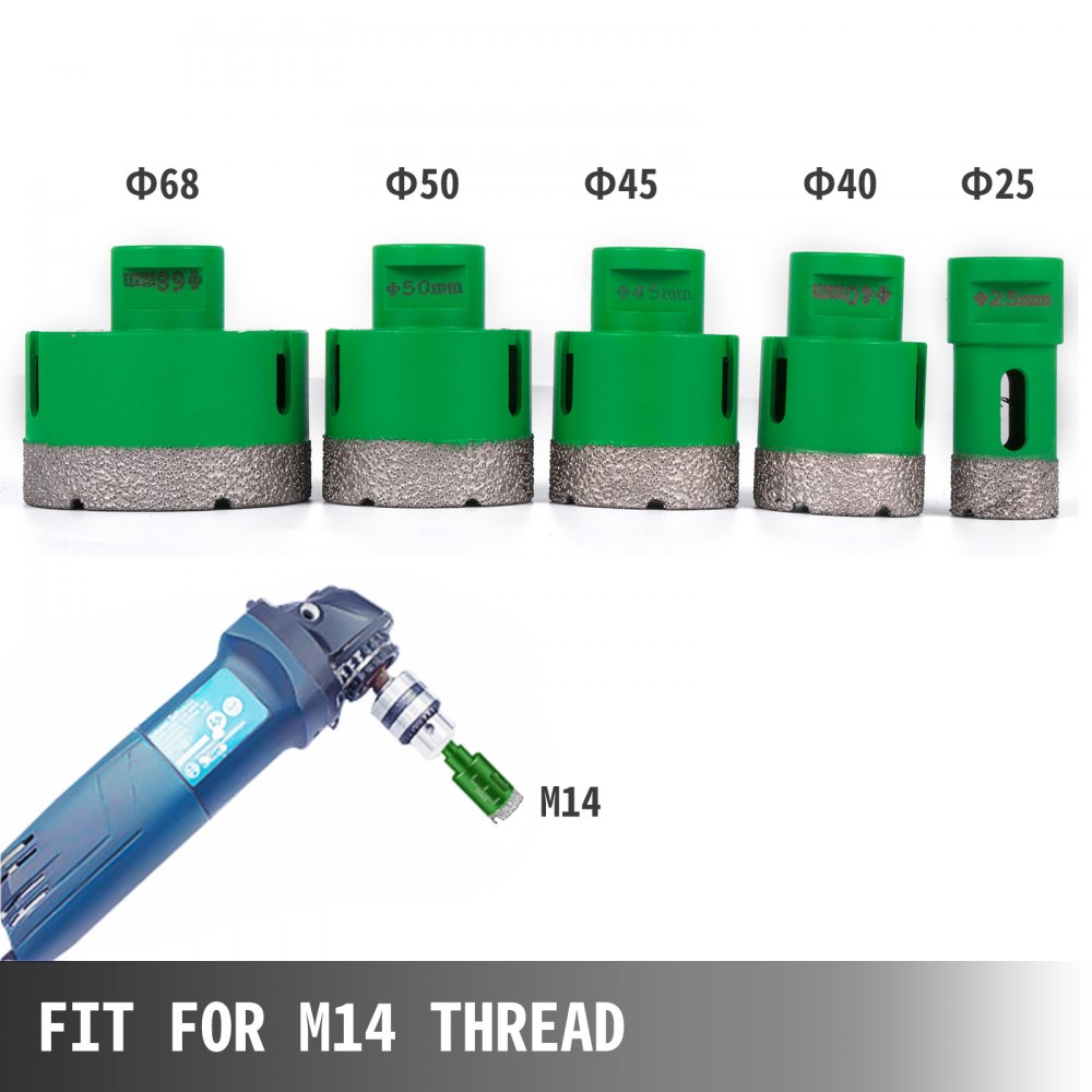 VEVOR Juego de Sierra Perforadora de Diamante de 5 Piezas, Uso para Material Duro, Brocas de Diamante, Diámetros de 1/1,6/1,8/2/2,7" y Rosca M14, Brocas para Taladrar, con 1 Caja Fina Compacta