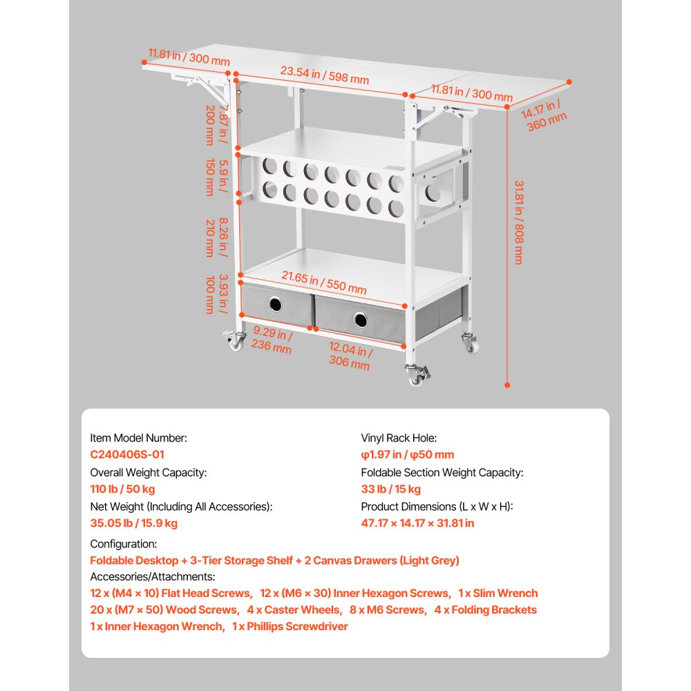 VEVOR Carrito de Manualidades con Ruedas y Mesa de Almacenamiento, Mesa Plegable con Lados Plegables, 14 Soportes para Rollos de Vinilo y 2 Cajones, Compatible con Máquinas, Blanco