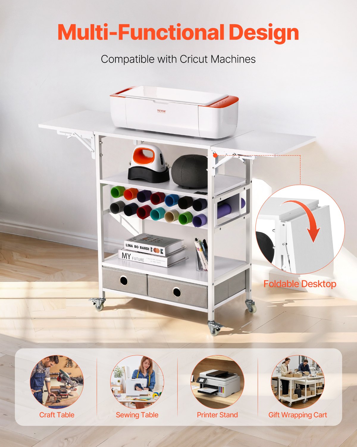 VEVOR Carrito de Manualidades con Ruedas y Mesa de Almacenamiento, Mesa Plegable con Lados Plegables, 14 Soportes para Rollos de Vinilo y 2 Cajones, Compatible con Máquinas, Blanco