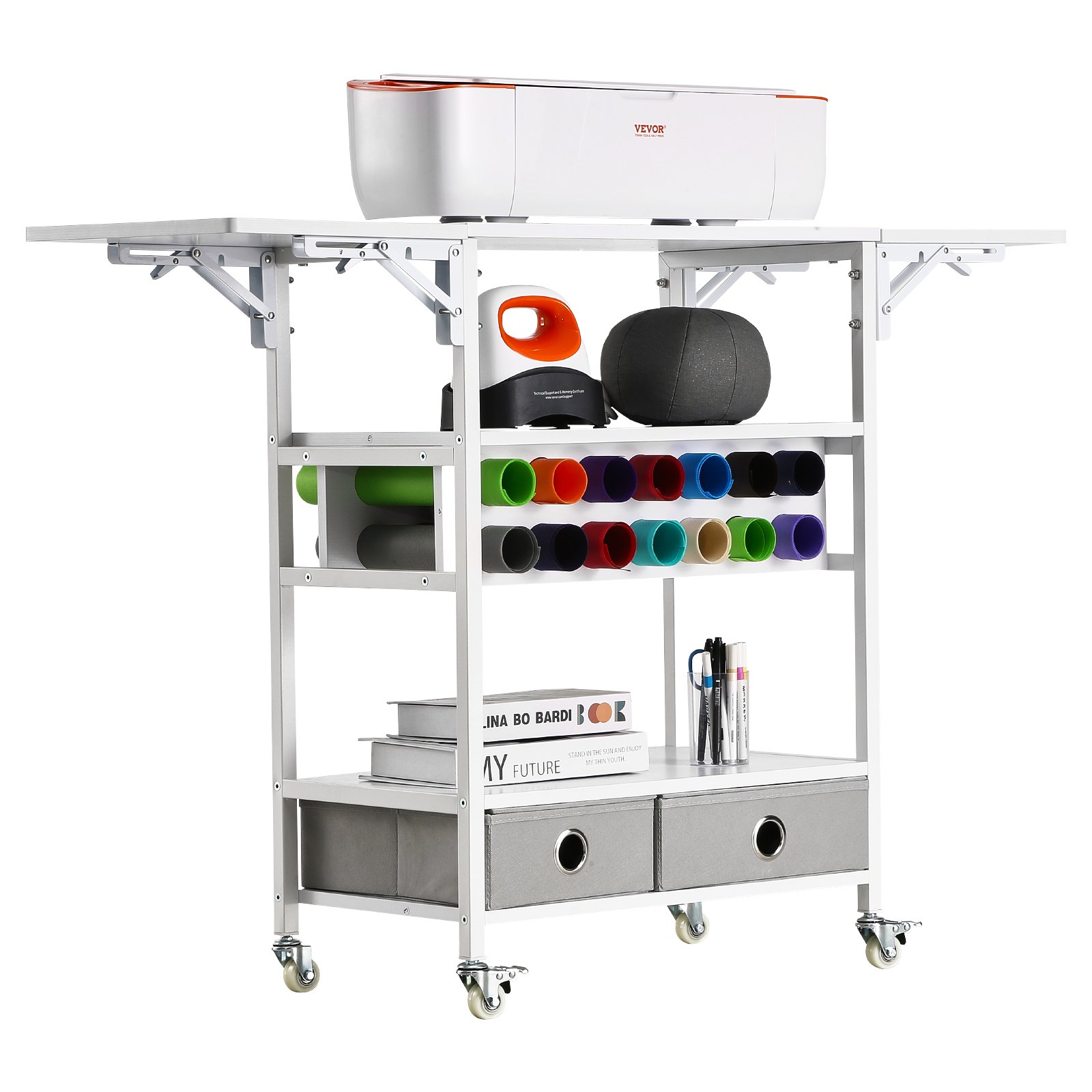 VEVOR Carrito de Manualidades con Ruedas y Mesa de Almacenamiento, Mesa Plegable con Lados Plegables, 14 Soportes para Rollos de Vinilo y 2 Cajones, Compatible con Máquinas, Blanco