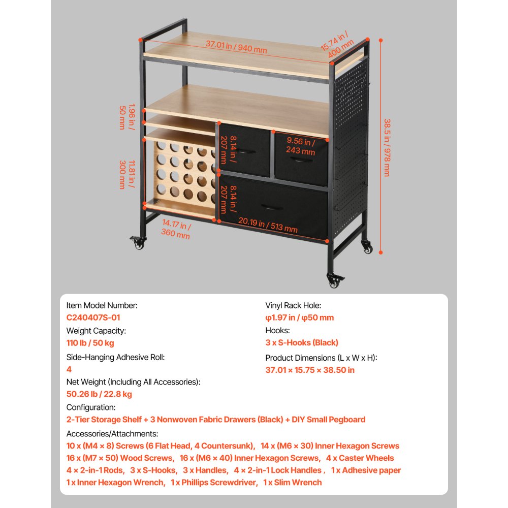 VEVOR Carrito de Manualidades con Ruedas y Mesa de Almacenamiento, Mesa Plegable con Lados Plegables, 20 Soportes para Rollos de Vinilo y 3 Cajones, Compatible con Máquinas, Negro