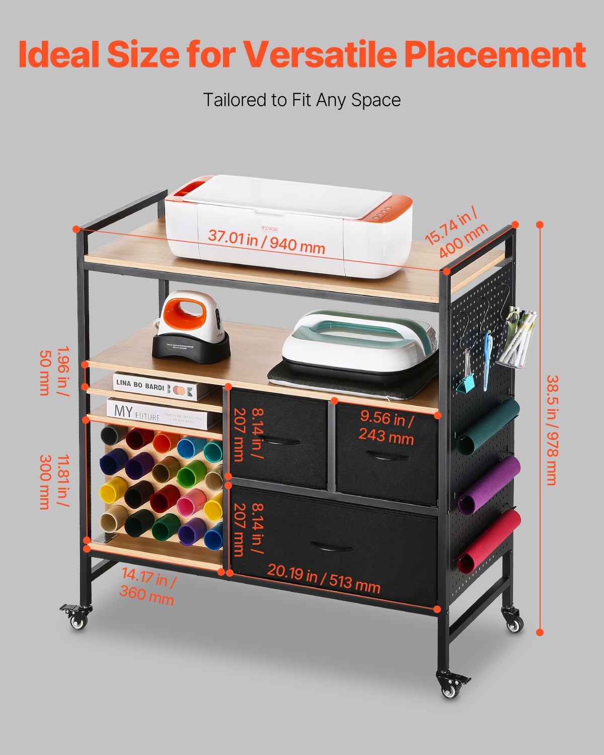 VEVOR Carrito de Manualidades con Ruedas y Mesa de Almacenamiento, Mesa Plegable con Lados Plegables, 20 Soportes para Rollos de Vinilo y 3 Cajones, Compatible con Máquinas, Negro