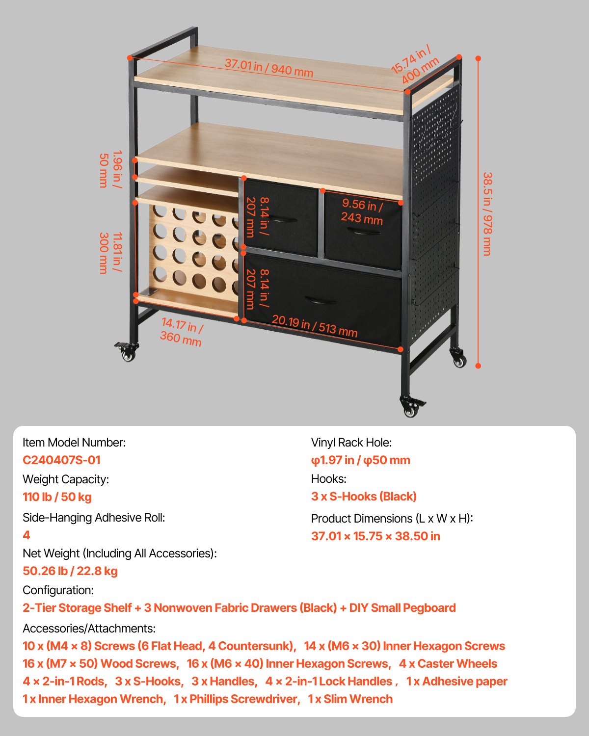 VEVOR Carrito de Manualidades con Ruedas y Mesa de Almacenamiento, Mesa Plegable con Lados Plegables, 20 Soportes para Rollos de Vinilo y 3 Cajones, Compatible con Máquinas, Negro