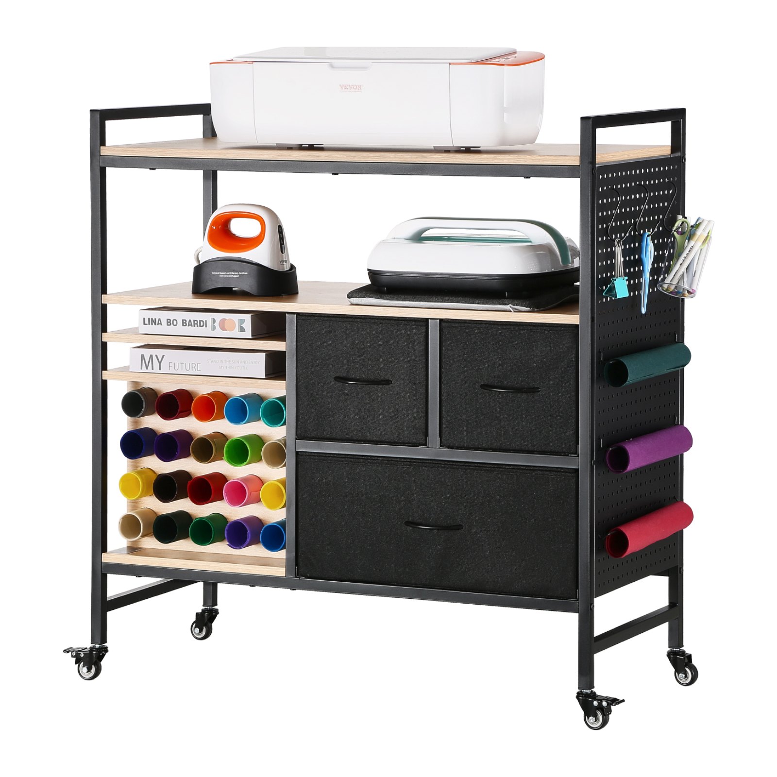 VEVOR Carrito de Manualidades con Ruedas y Mesa de Almacenamiento, Mesa Plegable con Lados Plegables, 20 Soportes para Rollos de Vinilo y 3 Cajones, Compatible con Máquinas, Negro