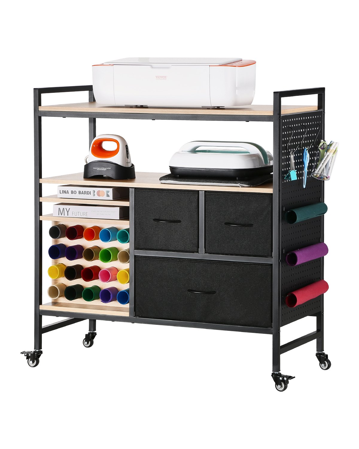 VEVOR Carrito de Manualidades con Ruedas y Mesa de Almacenamiento, Mesa Plegable con Lados Plegables, 20 Soportes para Rollos de Vinilo y 3 Cajones, Compatible con Máquinas, Negro
