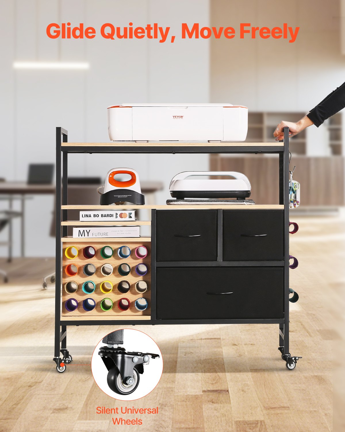 VEVOR Craft Trolley Serving Cart with Tabletop, Compatible with Cricut Machines, Rolling Craft Storage Cart with 20 Vinyl Roll Holders & 3 Drawers, Craft Organizer Black