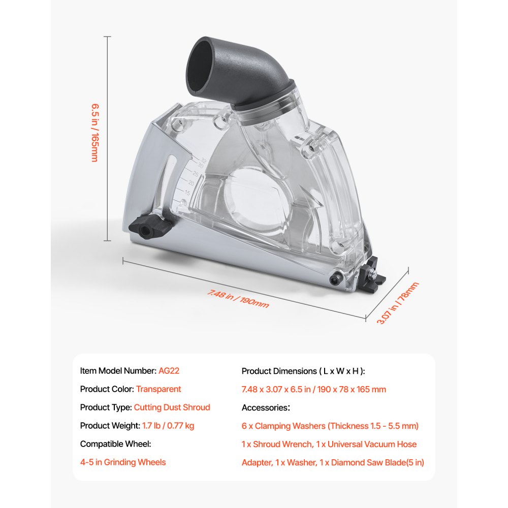 VEVOR Protector Antipolvo de Corte para Amoladoras Angulares, Universal de 10-12,7 cm con 6 Arandelas de Sujeción, Profundidad de Corte Ajustable, Conexión a Aspiradora, 190 x 78 x 165 mm, Plata