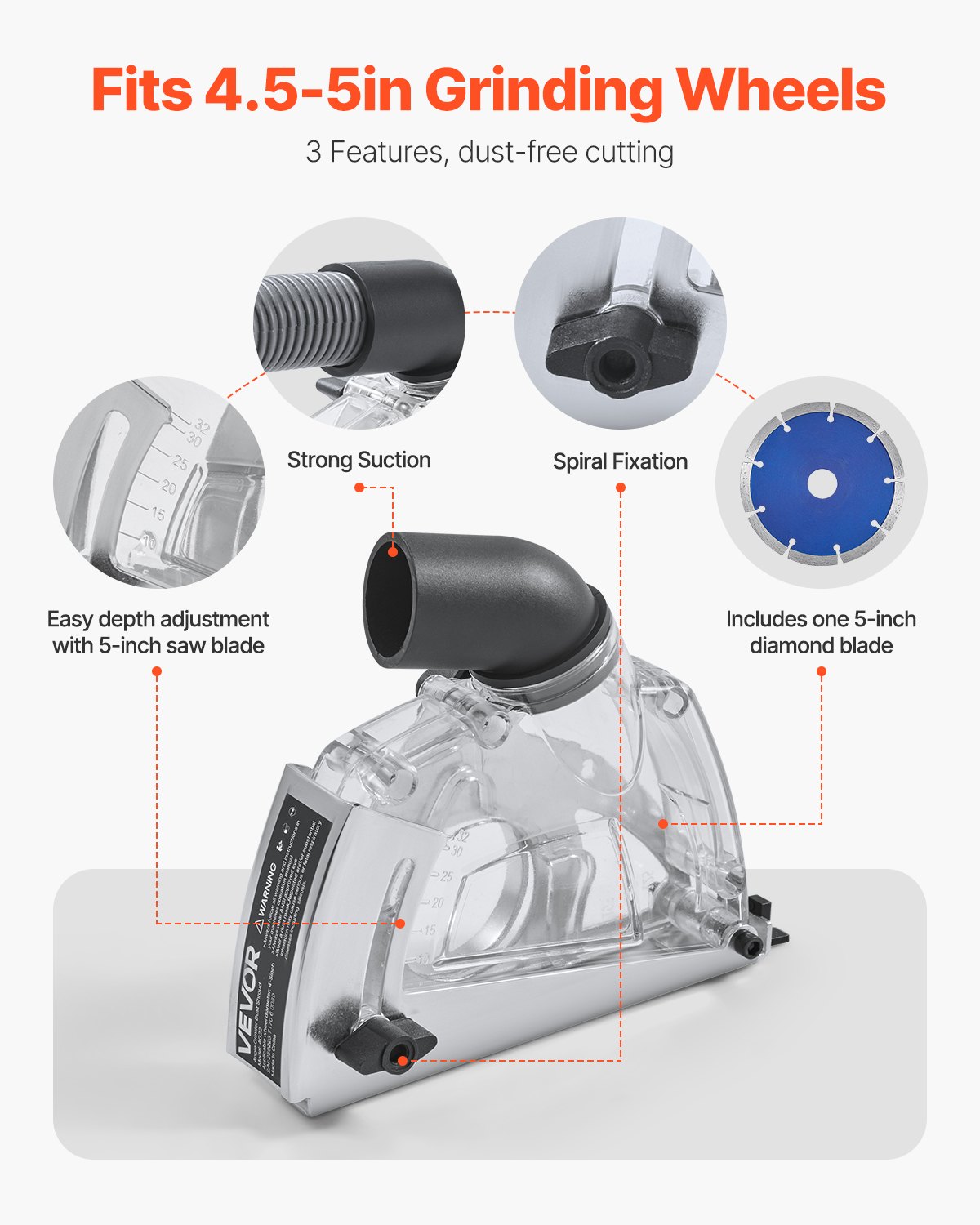 VEVOR Protector Antipolvo de Corte para Amoladoras Angulares, Universal de 10-12,7 cm con 6 Arandelas de Sujeción, Profundidad de Corte Ajustable, Conexión a Aspiradora, 190 x 78 x 165 mm, Plata