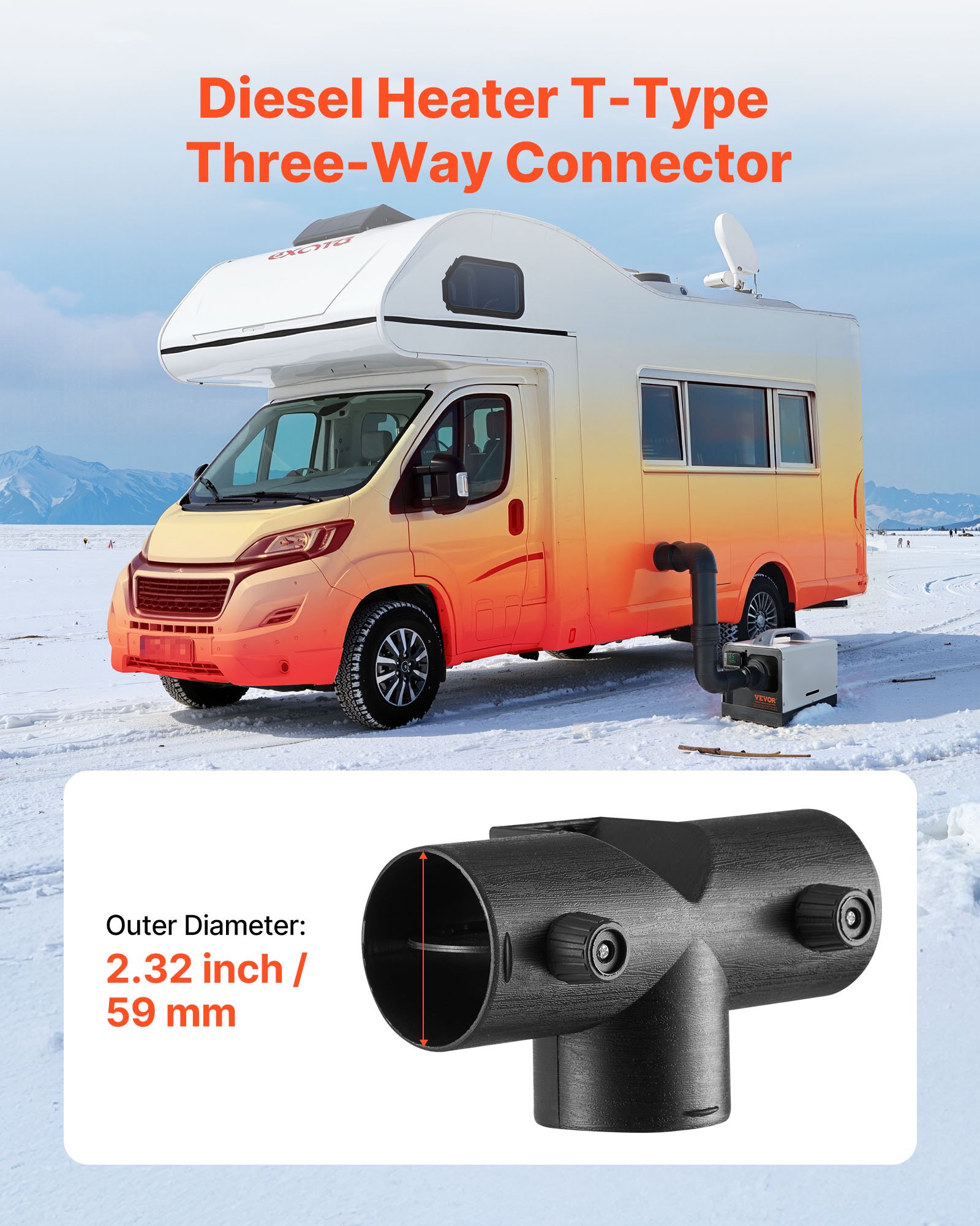 VEVOR Conector para Calentador Diésel de 3 Vías en Forma de T con 2 Válvulas Giratorias de 90°, Accesorios de Conexión para Calentadores Diésel de 2 kW, Polipropileno con TPE, 162 x 90 x 85 mm