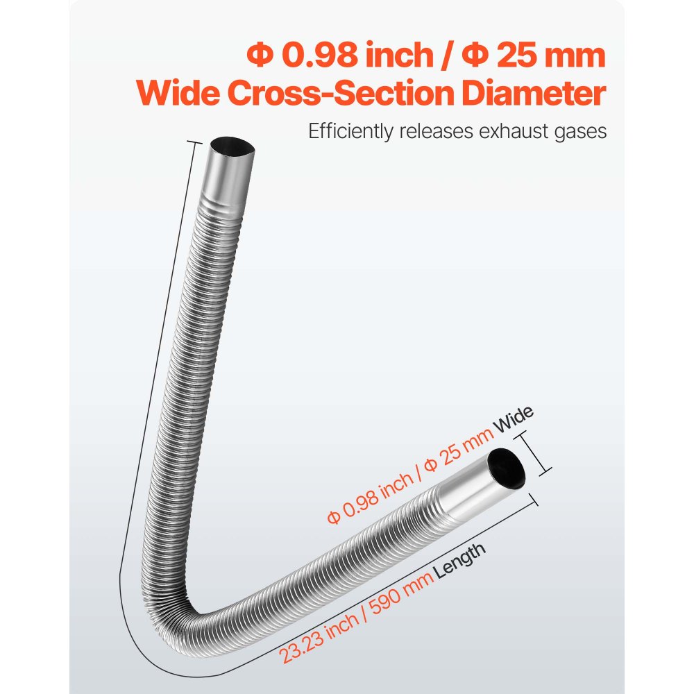 VEVOR Tubo de Escape para Calentador de Estacionamiento Flexible, con 2 Abrazaderas, Acero Inoxidable, con Sección Transversal de Φ 25 mm, para Calentadores Diésel de 2/5/8 kW, Φ 25 x 590 mm