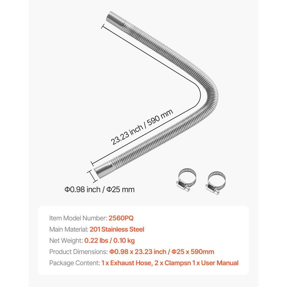 VEVOR Tubo de Escape para Calentador de Estacionamiento Flexible, con 2 Abrazaderas, Acero Inoxidable, con Sección Transversal de Φ 25 mm, para Calentadores Diésel de 2/5/8 kW, Φ 25 x 590 mm