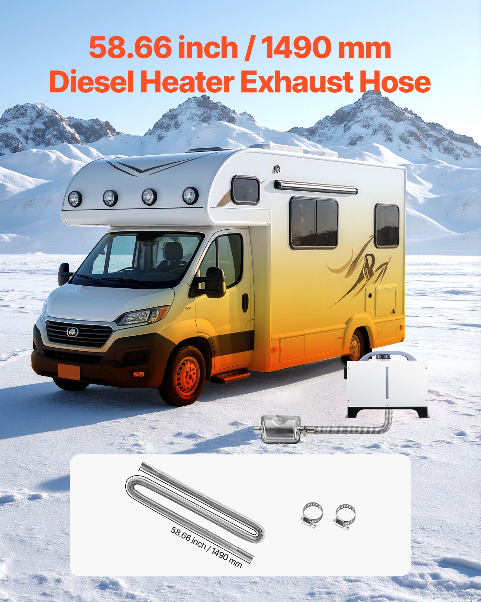 VEVOR Tubo de Escape para Calentador de Estacionamiento, Manguera de Escape para Calentador Diésel 2/5/8 kW de Coche con 2 Abrazaderas, Acero Inoxidable, con Sección Transversal, Φ 25 x 1490 mm
