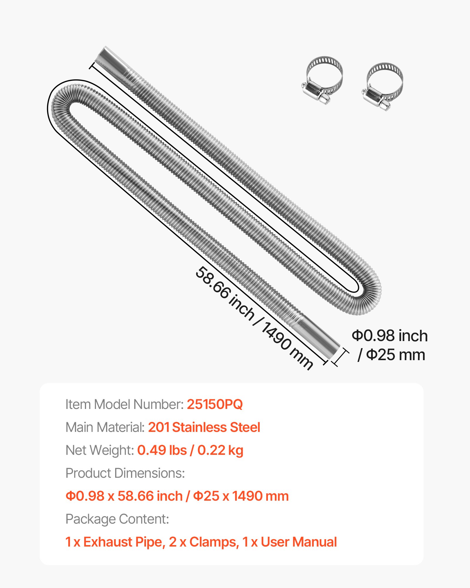 VEVOR Tubo de Escape para Calentador de Estacionamiento, Manguera de Escape para Calentador Diésel 2/5/8 kW de Coche con 2 Abrazaderas, Acero Inoxidable, con Sección Transversal, Φ 25 x 1490 mm