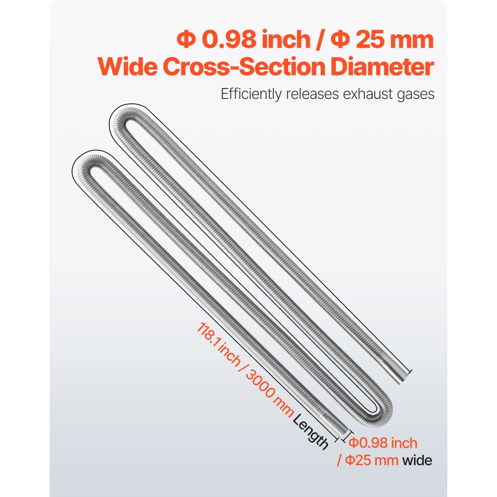 VEVOR Tubo de Escape para Calentador de Estacionamiento Flexible, con 2 Abrazaderas, Acero Inoxidable con Sección Transversal para Calentadores Diésel de 2 /5/8 kW, Φ 25 x 3000 mm, 1 ud, Plata
