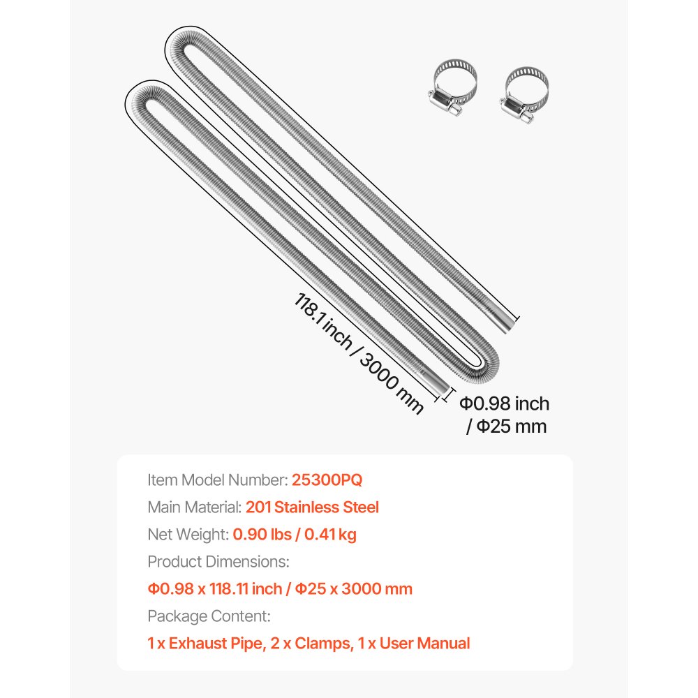 VEVOR Tubo de Escape para Calentador de Estacionamiento Flexible, con 2 Abrazaderas, Acero Inoxidable con Sección Transversal para Calentadores Diésel de 2 /5/8 kW, Φ 25 x 3000 mm, 1 ud, Plata