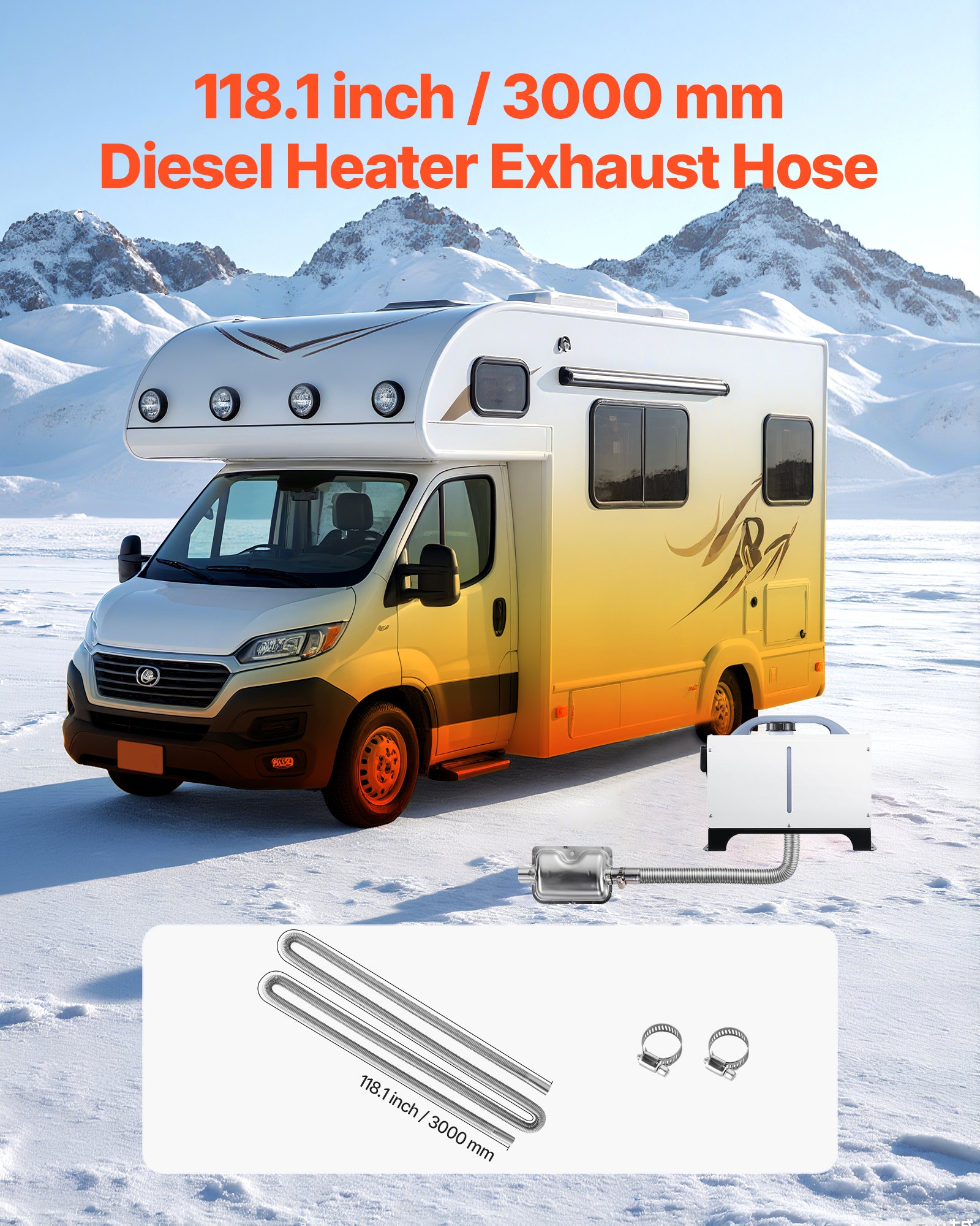 VEVOR Tubo de Escape para Calentador de Estacionamiento Flexible, con 2 Abrazaderas, Acero Inoxidable con Sección Transversal para Calentadores Diésel de 2 /5/8 kW, Φ 25 x 3000 mm, 1 ud, Plata