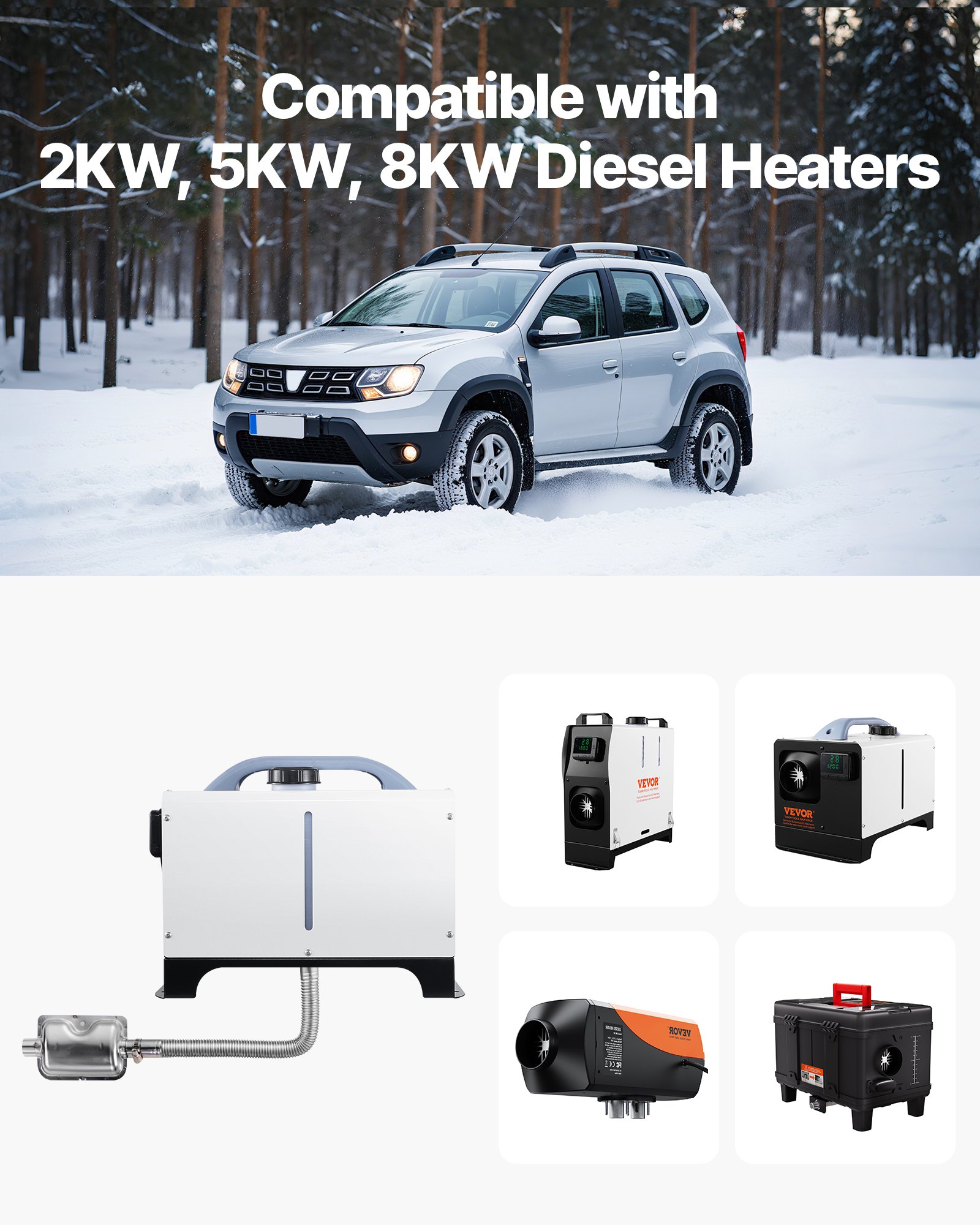 VEVOR Tubo de Escape para Calentador de Estacionamiento Flexible, con 2 Abrazaderas, Acero Inoxidable con Sección Transversal para Calentadores Diésel de 2 /5/8 kW, Φ 25 x 3000 mm, 1 ud, Plata
