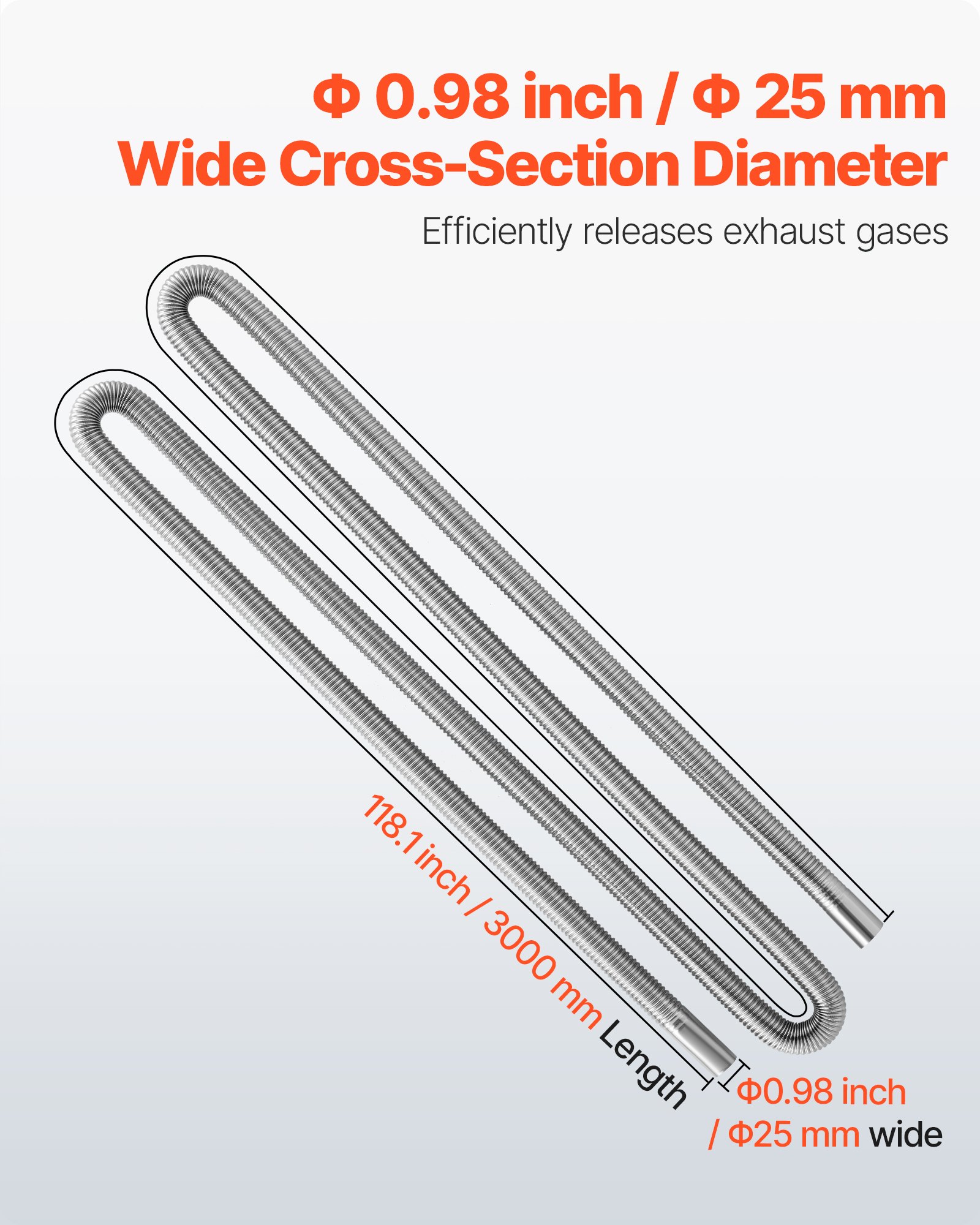 VEVOR Tubo de Escape para Calentador de Estacionamiento Flexible, con 2 Abrazaderas, Acero Inoxidable con Sección Transversal para Calentadores Diésel de 2 /5/8 kW, Φ 25 x 3000 mm, 1 ud, Plata