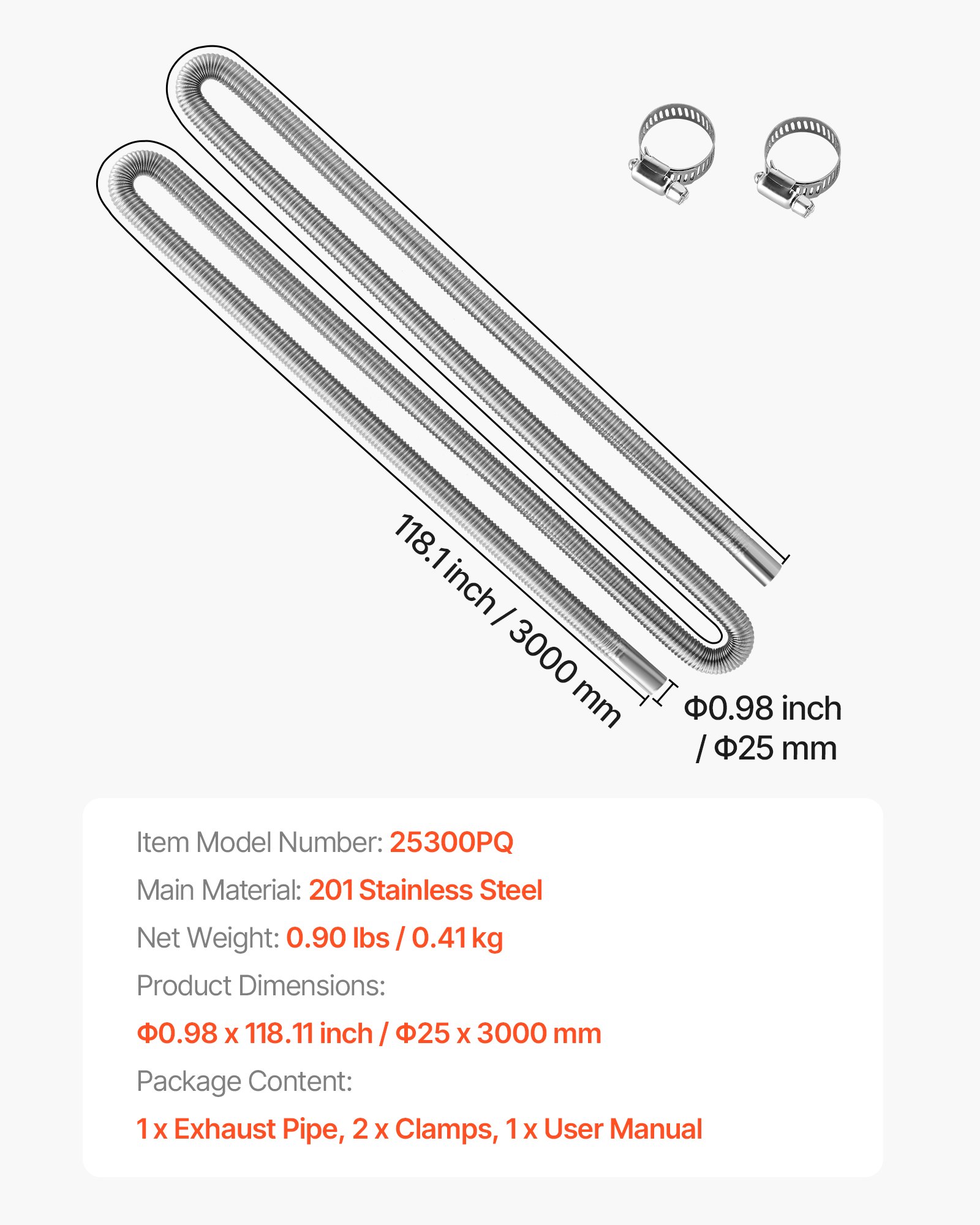 VEVOR Tubo de Escape para Calentador de Estacionamiento Flexible, con 2 Abrazaderas, Acero Inoxidable con Sección Transversal para Calentadores Diésel de 2 /5/8 kW, Φ 25 x 3000 mm, 1 ud, Plata