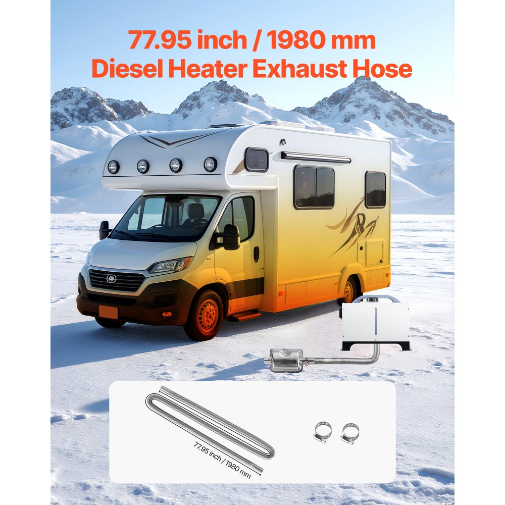 VEVOR Tubo de Escape para Calentador de Estacionamiento, con 2 Abrazaderas, Acero Inoxidable, con Sección Transversal de Φ 25 mm para Calentadores Diésel de 2/5/8 kW, Φ 25 x 1980 mm, 1 ud, Plata
