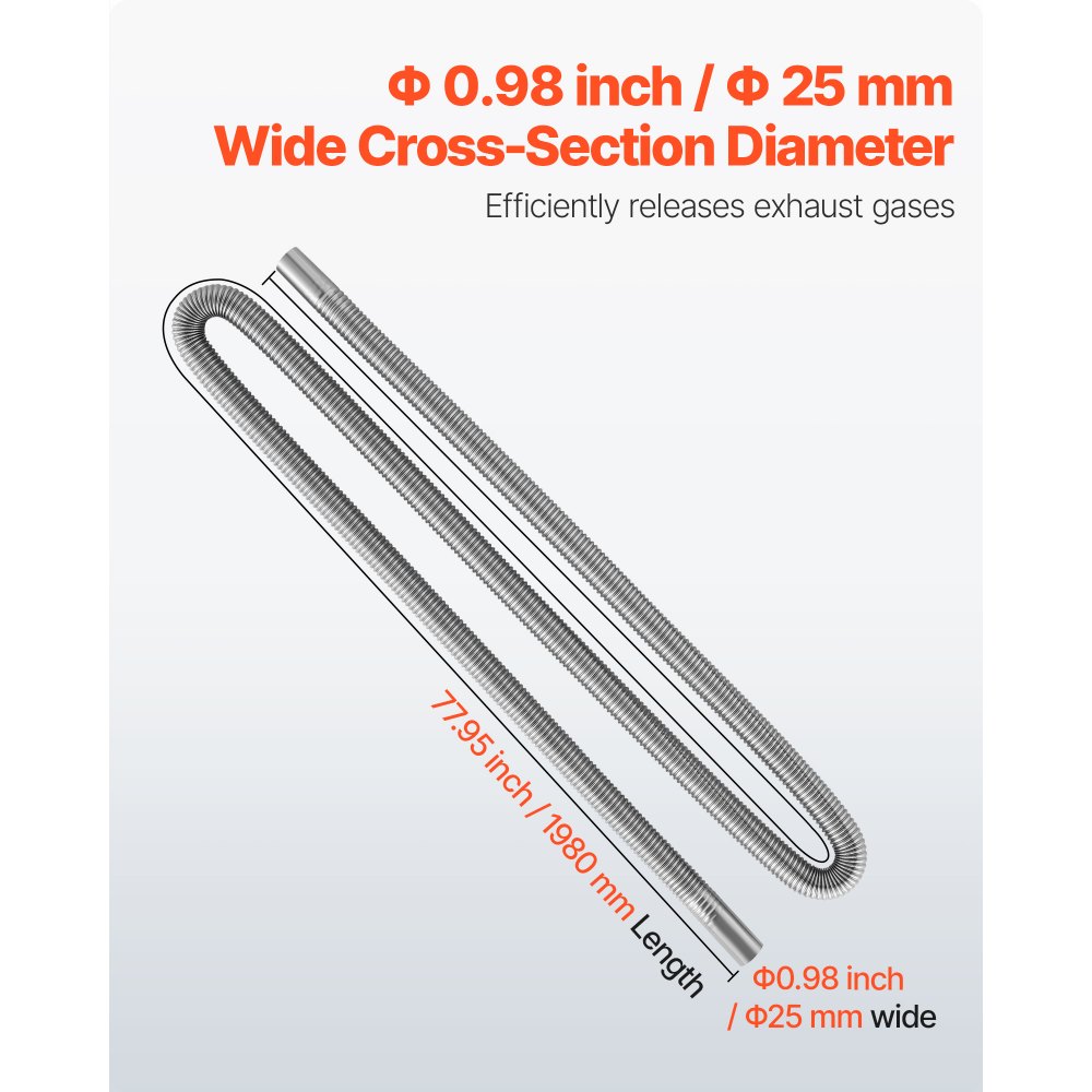 VEVOR Tubo de Escape para Calentador de Estacionamiento, con 2 Abrazaderas, Acero Inoxidable, con Sección Transversal de Φ 25 mm para Calentadores Diésel de 2/5/8 kW, Φ 25 x 1980 mm, 1 ud, Plata