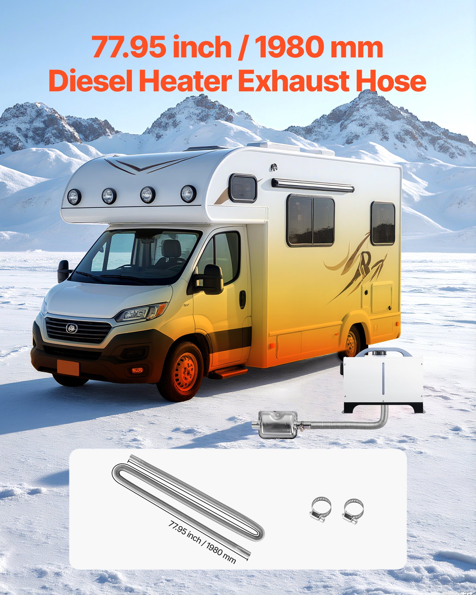 VEVOR Tubo de Escape para Calentador de Estacionamiento, con 2 Abrazaderas, Acero Inoxidable, con Sección Transversal de Φ 25 mm para Calentadores Diésel de 2/5/8 kW, Φ 25 x 1980 mm, 1 ud, Plata