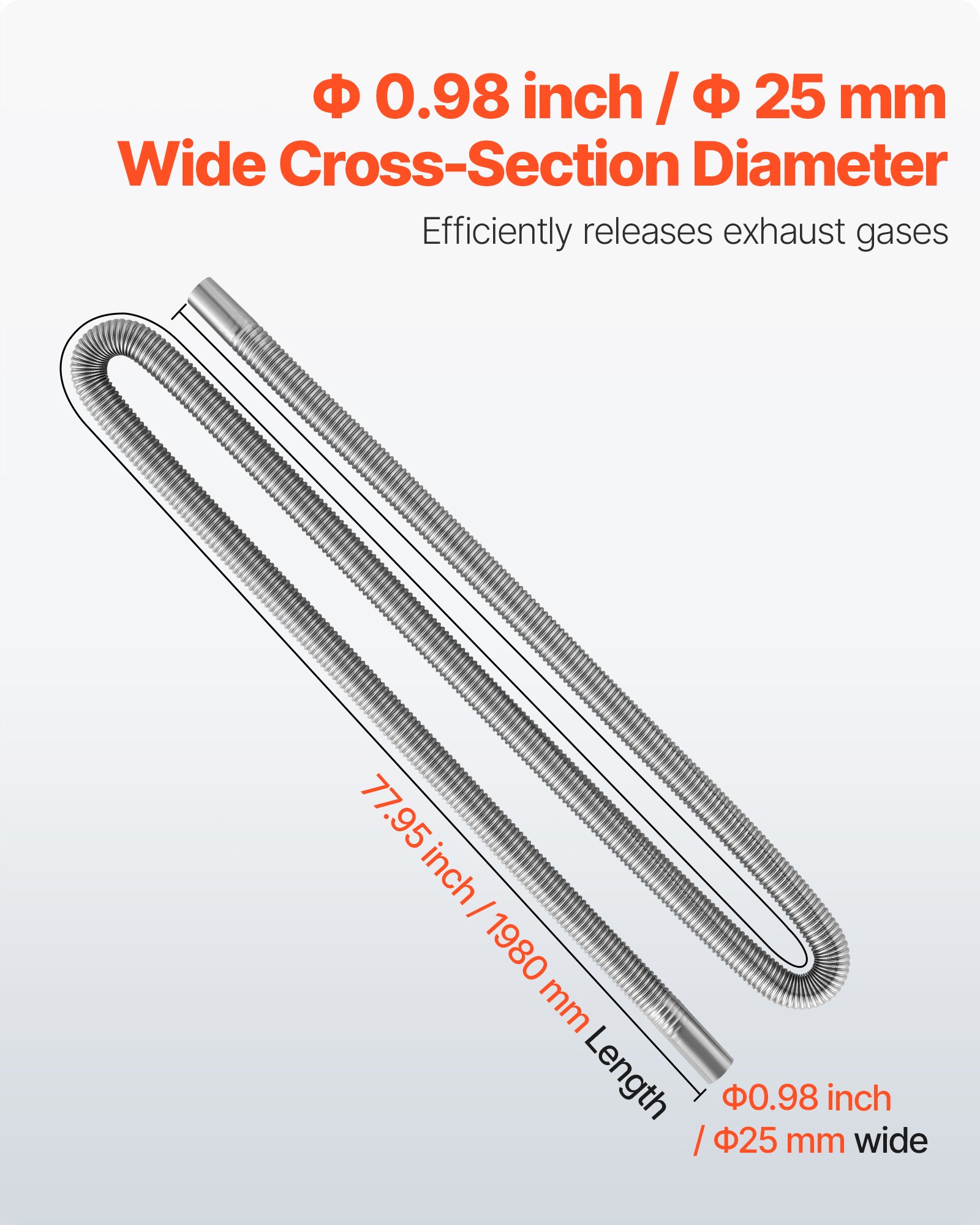 VEVOR Tubo de Escape para Calentador de Estacionamiento, con 2 Abrazaderas, Acero Inoxidable, con Sección Transversal de Φ 25 mm para Calentadores Diésel de 2/5/8 kW, Φ 25 x 1980 mm, 1 ud, Plata