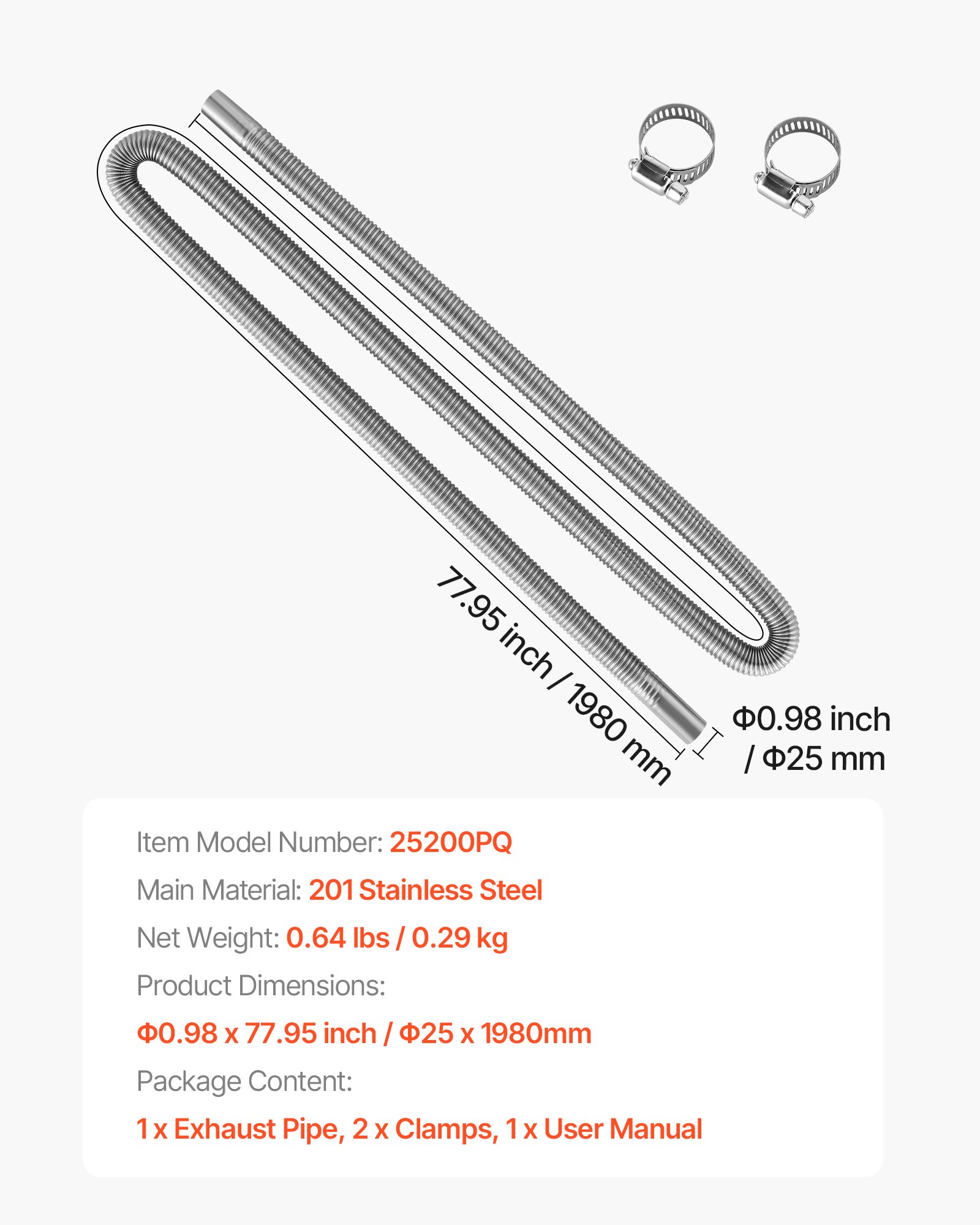 VEVOR Tubo de Escape para Calentador de Estacionamiento, con 2 Abrazaderas, Acero Inoxidable, con Sección Transversal de Φ 25 mm para Calentadores Diésel de 2/5/8 kW, Φ 25 x 1980 mm, 1 ud, Plata