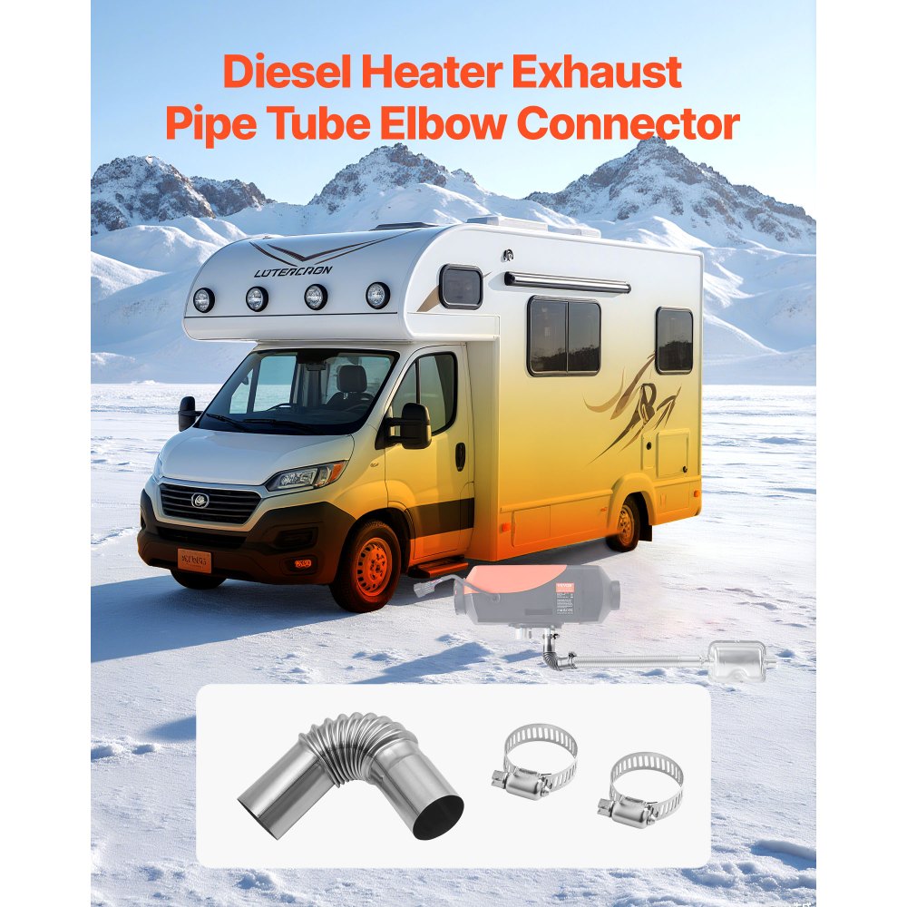 VEVOR Conector de Codo para Tubo de Escape, Tapa de Acero Inoxidable para Parabrisas, Tubo de Escape para Calentador de Coche con 2 Abrazaderas para Calentador Diésel de 2 kW, 5 kW y 8 kW, Plata