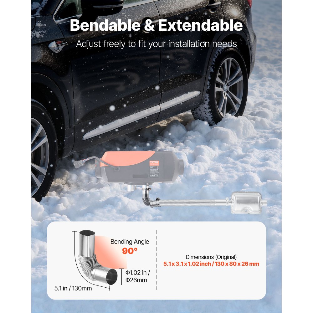 VEVOR Conector de Codo para Tubo de Escape, Tapa de Acero Inoxidable para Parabrisas, Tubo de Escape para Calentador de Coche con 2 Abrazaderas para Calentador Diésel de 2 kW, 5 kW y 8 kW, Plata