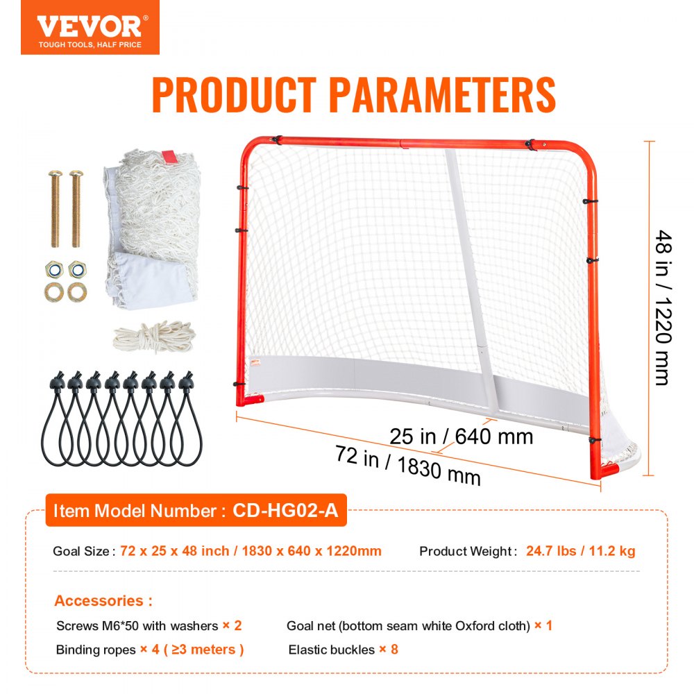 VEVOR Red de Hockey Callejero 183x122 cm Portería de Hockey de Tubo de Acero para Interiores y Exteriores Kit de Entrenamiento de Hockey Portátil y Ligero Fácil Montaje para Jóvenes, Blanco/Rojo