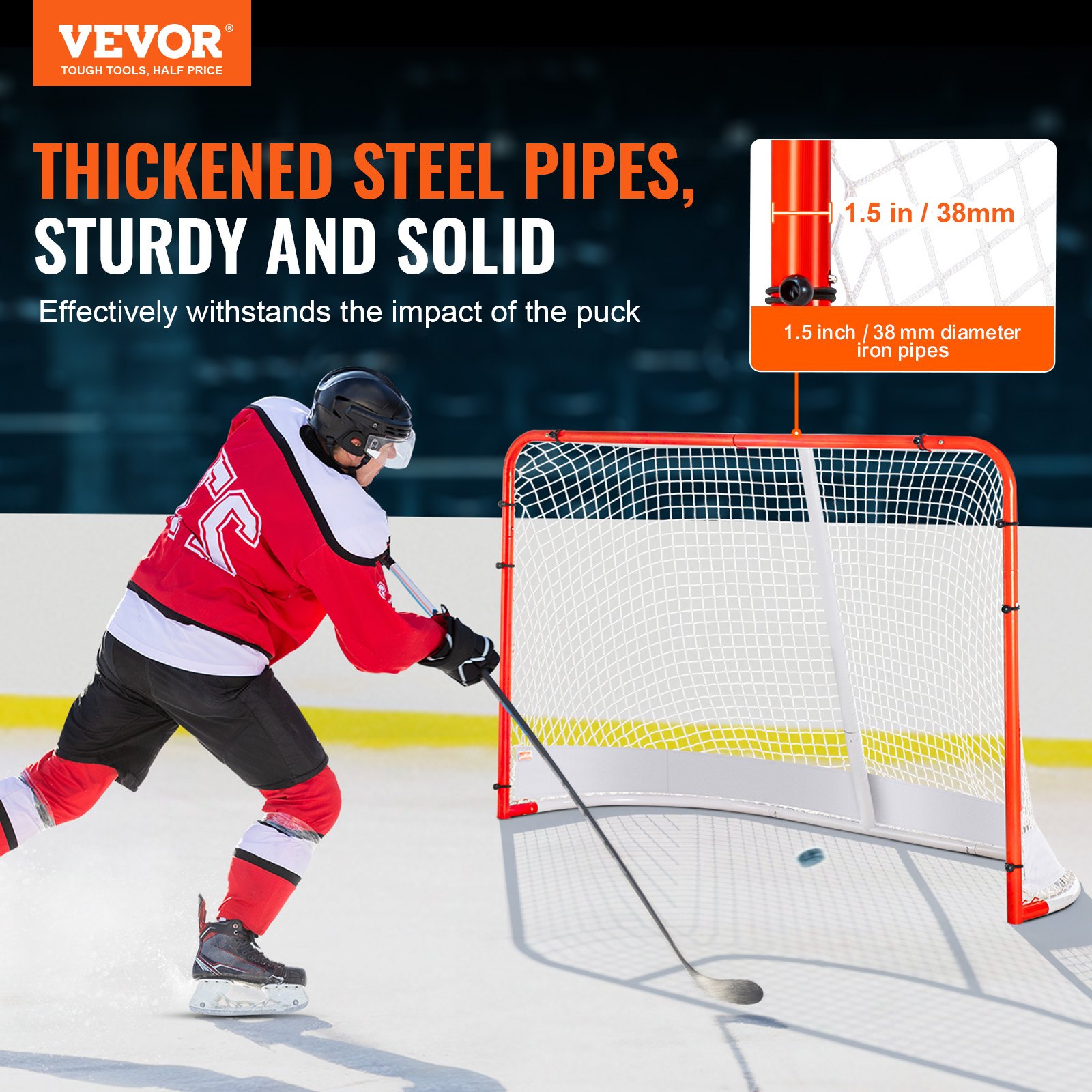 VEVOR Red de Hockey Callejero 183x122 cm Portería de Hockey de Tubo de Acero para Interiores y Exteriores Kit de Entrenamiento de Hockey Portátil y Ligero Fácil Montaje para Jóvenes, Blanco/Rojo