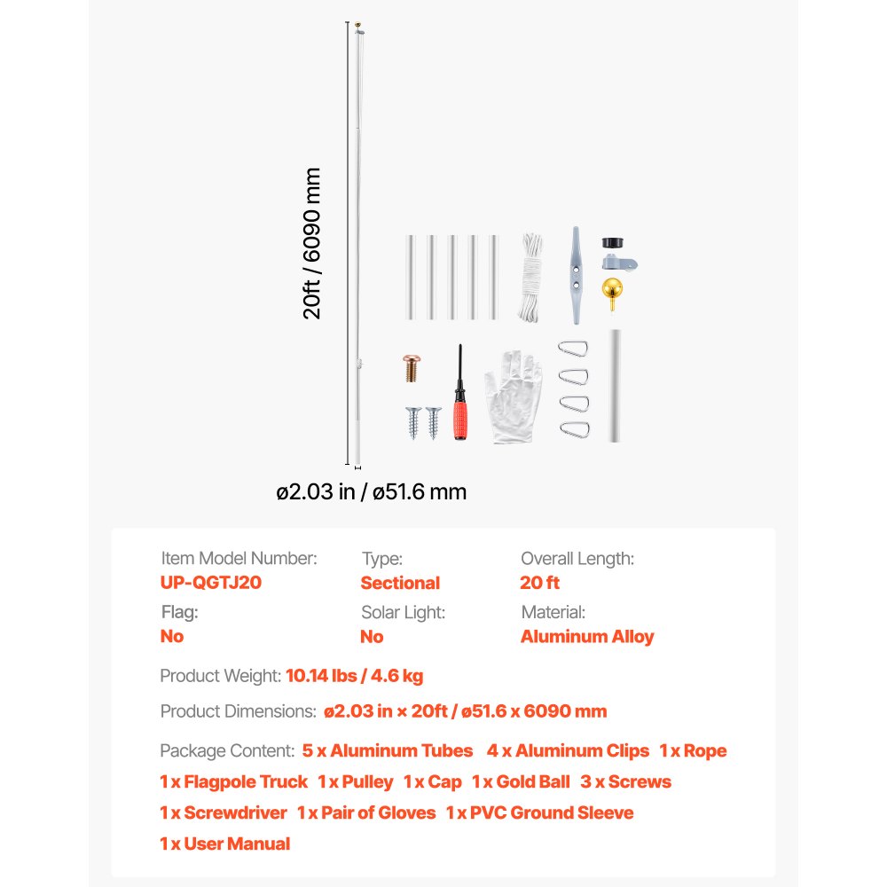 VEVOR Mástil de Bandera para Exterior 6,09 m, Asta para Bandera de Aluminio Modular, Metal Reforzado Base de Fijación, Kit Completo de Instalación, para Fiesta Eventos Actividades, Color Plateado