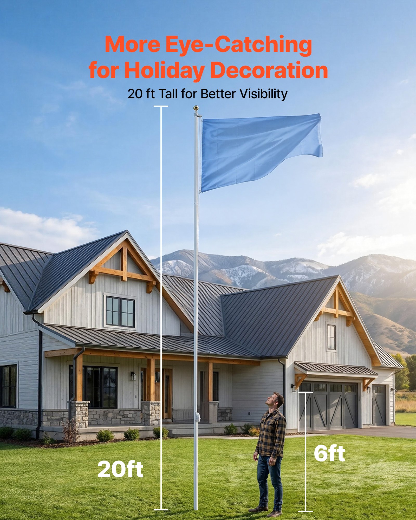 VEVOR Mástil de Bandera para Exterior 6,09 m, Asta para Bandera de Aluminio Modular, Metal Reforzado Base de Fijación, Kit Completo de Instalación, para Fiesta Eventos Actividades, Color Plateado