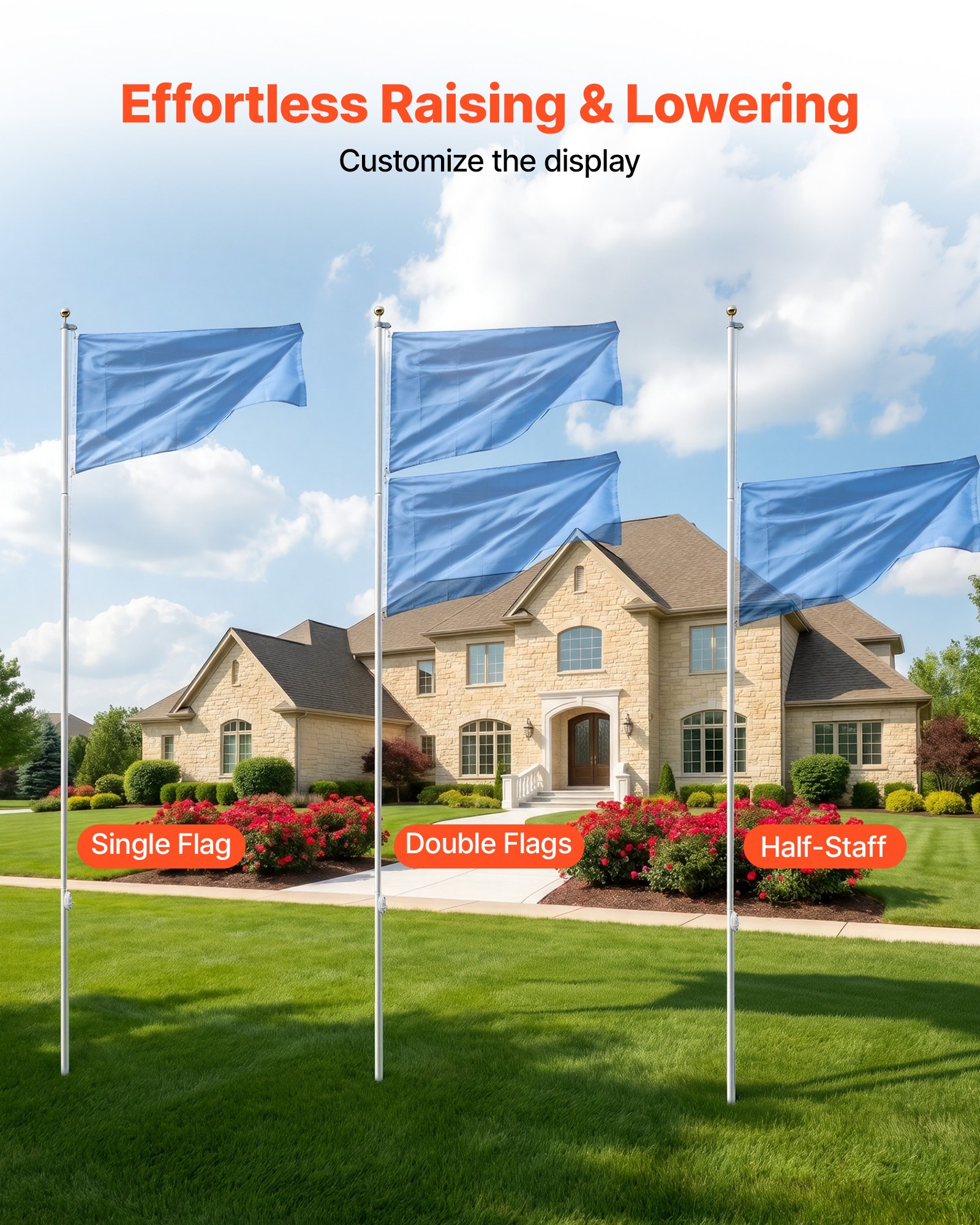 VEVOR Mástil de Bandera para Exterior 6,09 m, Asta para Bandera de Aluminio Modular, Metal Reforzado Base de Fijación, Kit Completo de Instalación, para Fiesta Eventos Actividades, Color Plateado