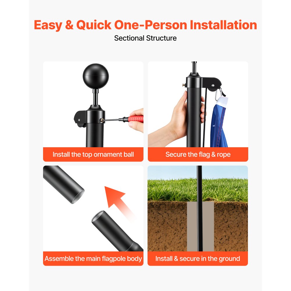 VEVOR Mástil de Bandera para Exterior, Alto de 6,09 m, Asta para Bandera de Aluminio Modular, con Base de Fijación de PVC, Kit Completo de Instalación, para Zona Residencial Comercial, Color Negro