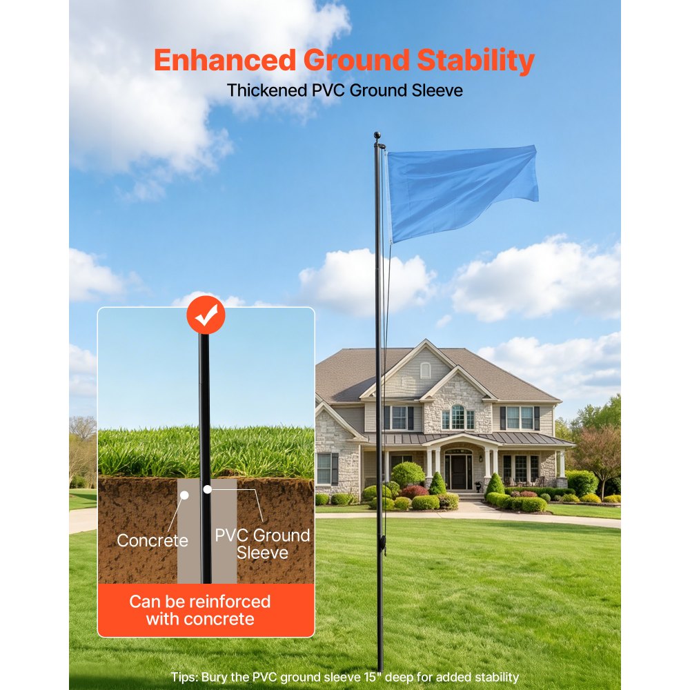 VEVOR Mástil de Bandera para Exterior, Alto de 6,09 m, Asta para Bandera de Aluminio Modular, con Base de Fijación de PVC, Kit Completo de Instalación, para Zona Residencial Comercial, Color Negro